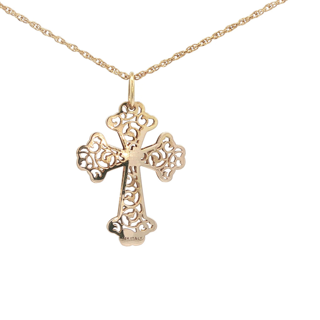 Estate 14K Yellow Gold Openwork Cross Pendant Filigree Floral Design
