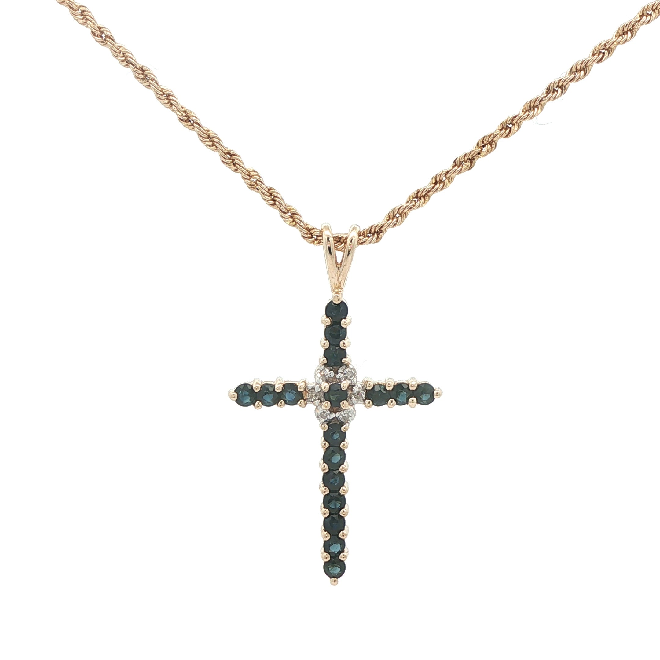 Vintage 1980s-90s Estate 14K Yellow Gold Sapphire & Diamond Cross Pendant