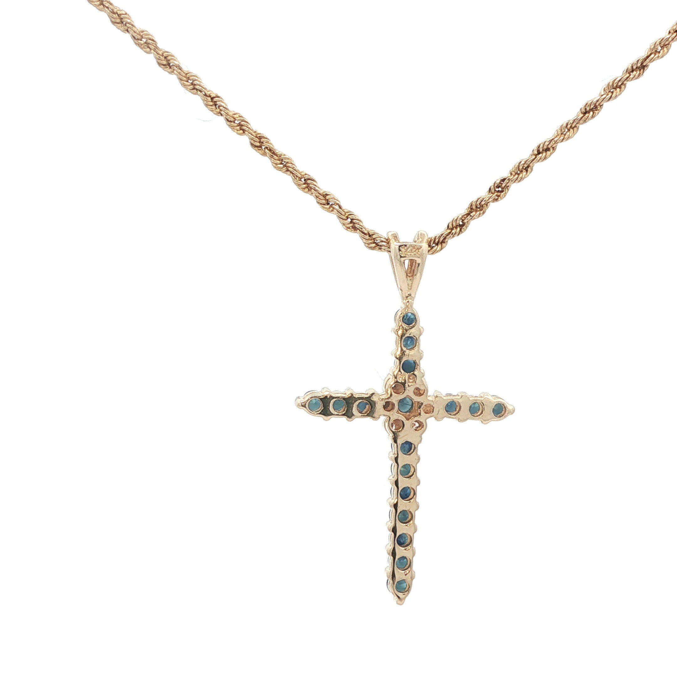 Vintage 1980s-90s Estate 14K Yellow Gold Sapphire & Diamond Cross Pendant