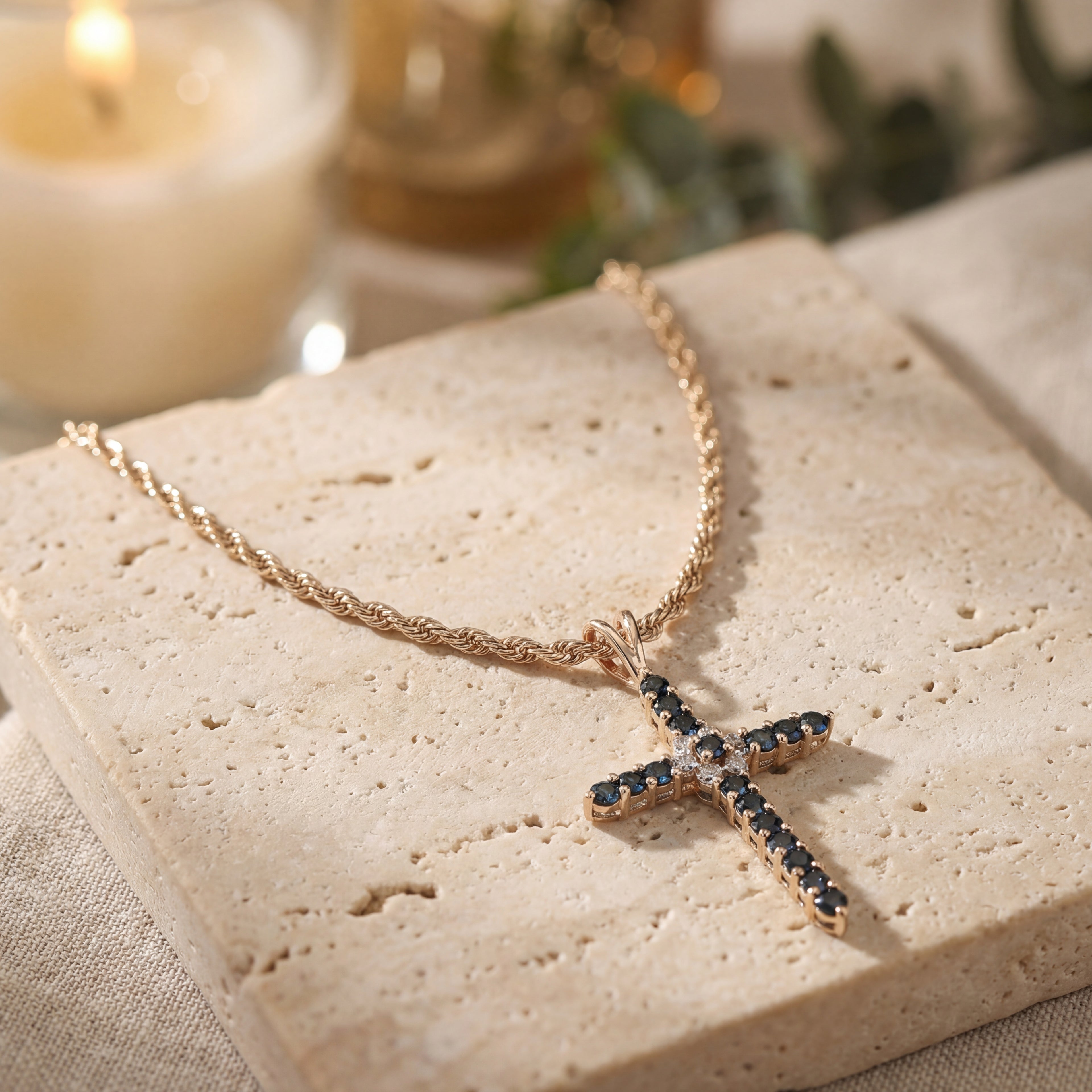 Vintage 1980s-90s Estate 14K Yellow Gold Sapphire & Diamond Cross Pendant