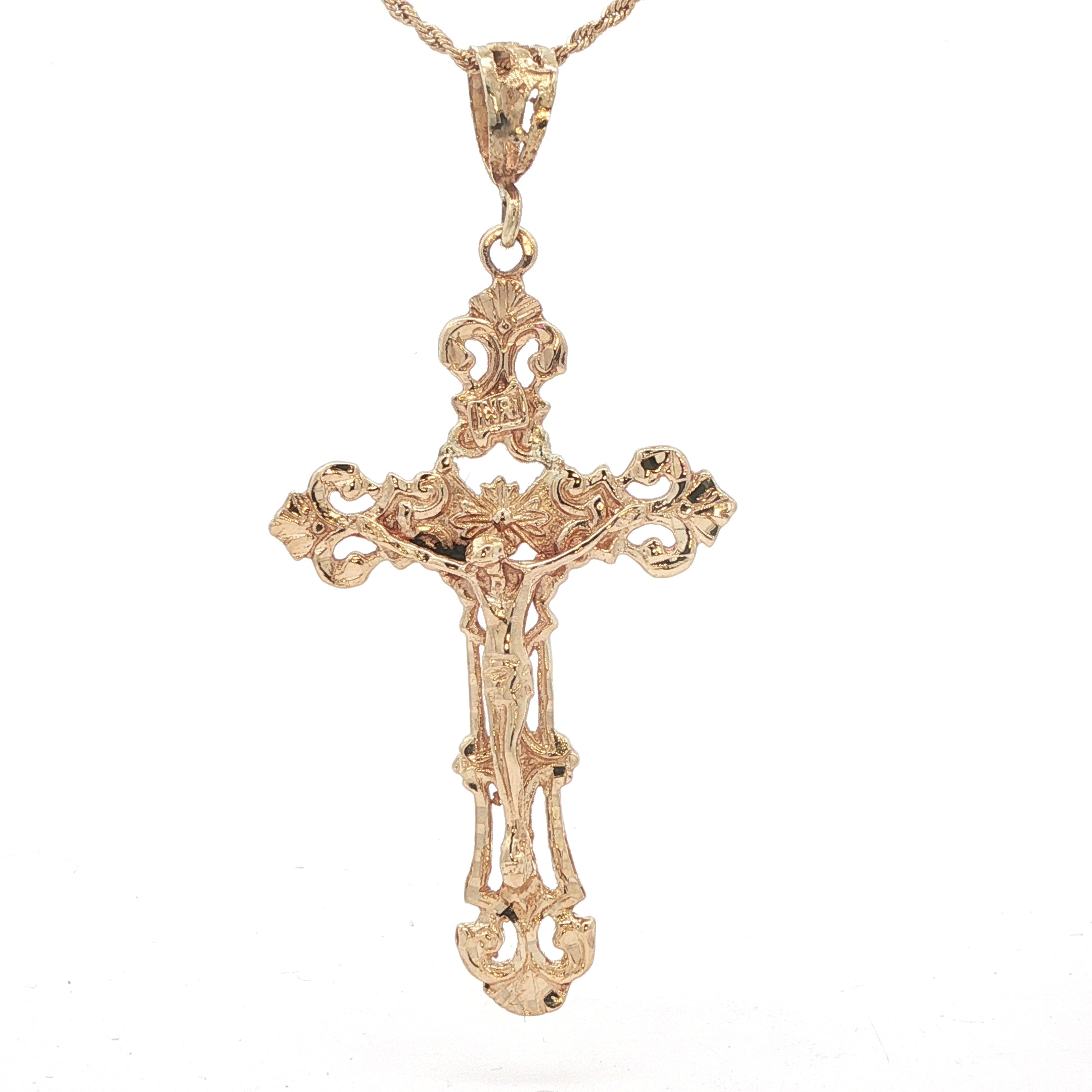 Vintage Estate 14K Yellow Gold Ornate Crucifix Pendant – Circa 1960s Religious Cross
