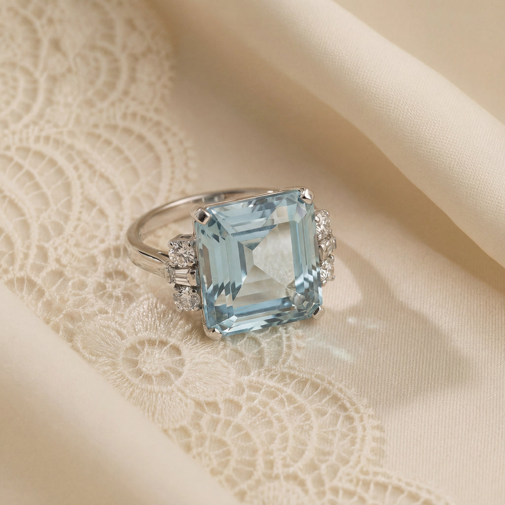 Vintage Estate Natural Aquamarine Diamond Ring – 14K White Gold – Approx. 10 Carats
