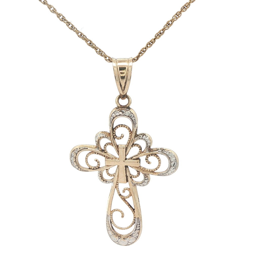 Estate 14K Two-Tone Yellow Gold Filigree Cross Pendant – Circa 1990 – 29.8mm