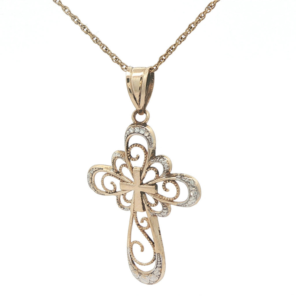 Estate 14K Two-Tone Yellow Gold Filigree Cross Pendant – Circa 1990 – 29.8mm
