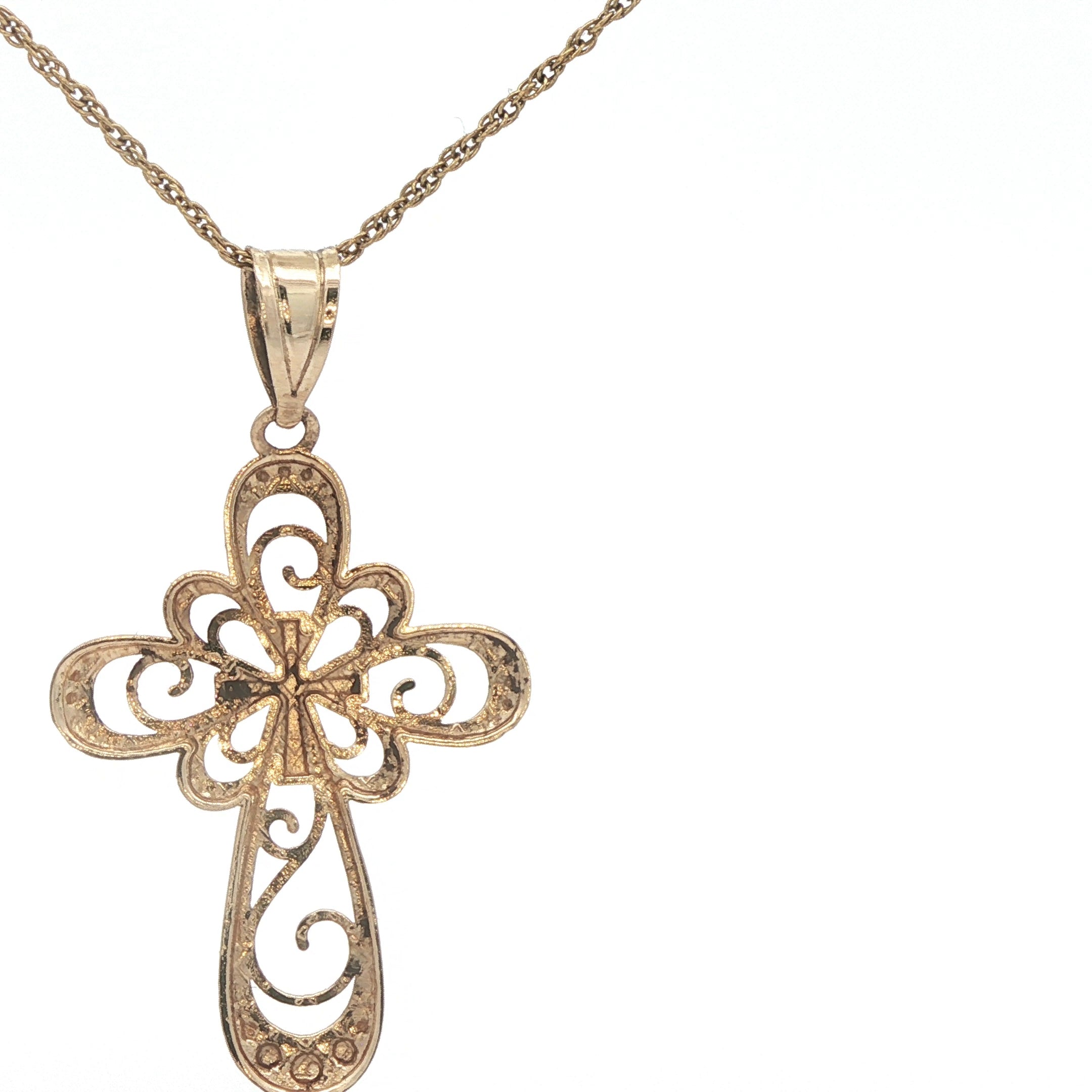 Estate 14K Two-Tone Yellow Gold Filigree Cross Pendant – Circa 1990 – 29.8mm