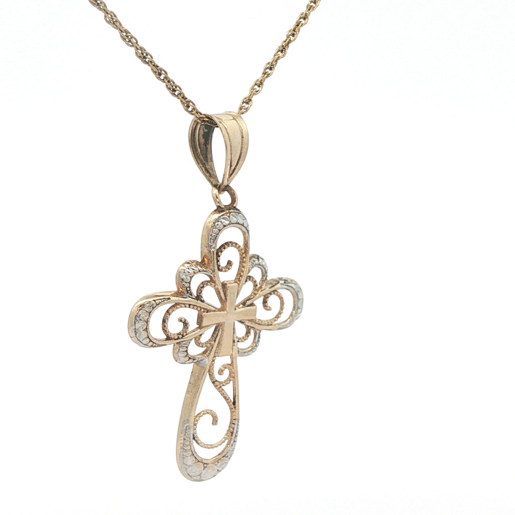Estate 14K Two-Tone Yellow Gold Filigree Cross Pendant – Circa 1990 – 29.8mm