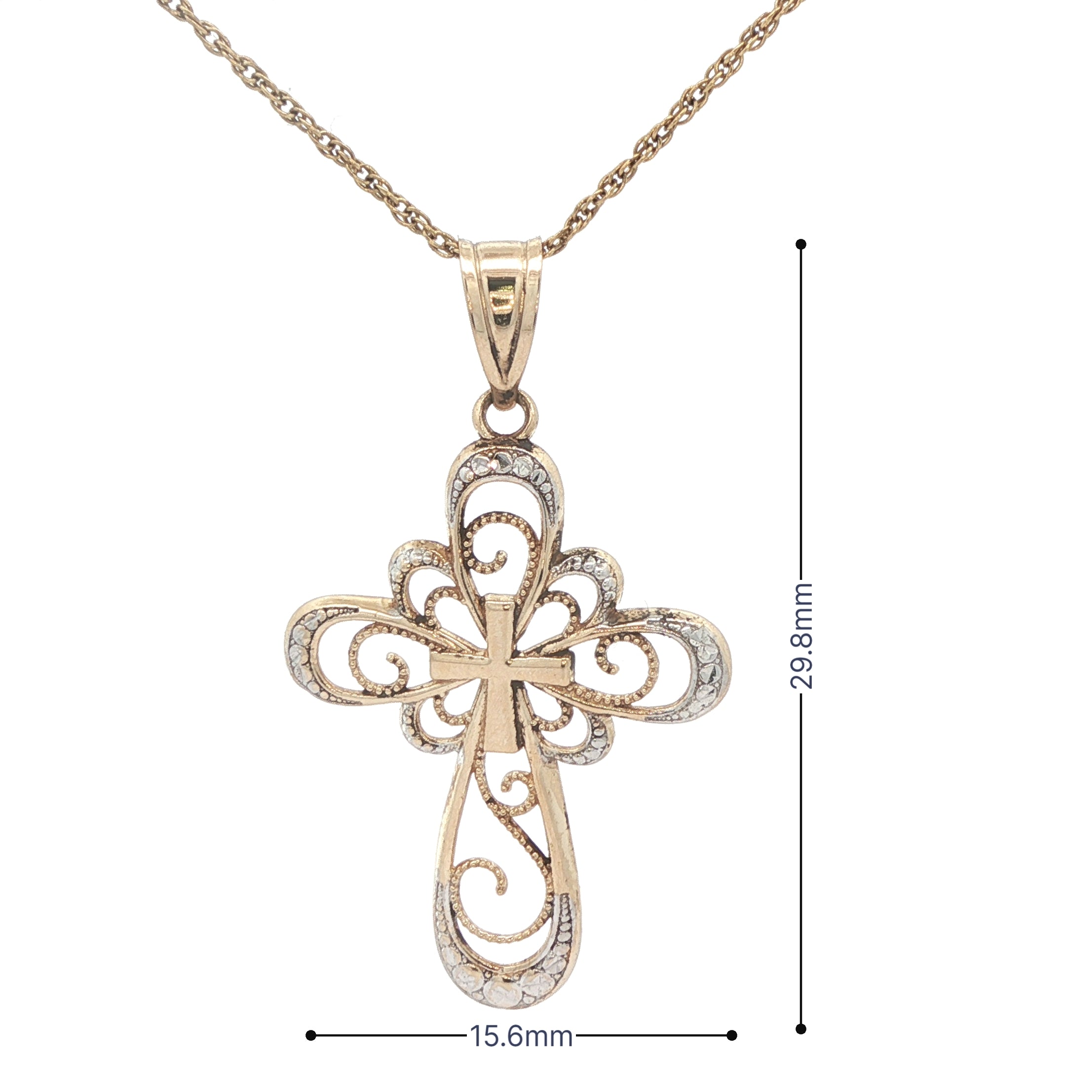 Estate 14K Two-Tone Yellow Gold Filigree Cross Pendant – Circa 1990 – 29.8mm