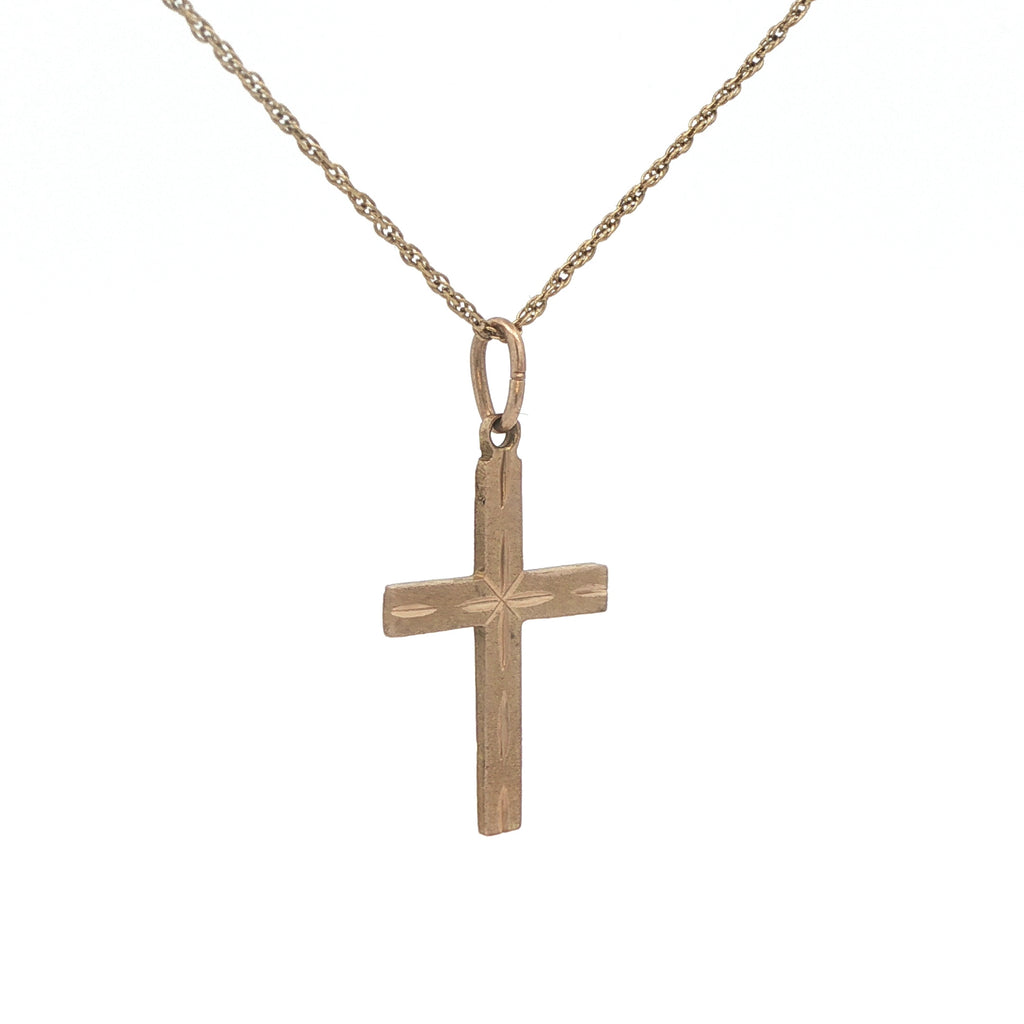 Estate 14K Yellow Gold Cross Pendant – Circa 1990 – Engraved Detail – 27.7mm