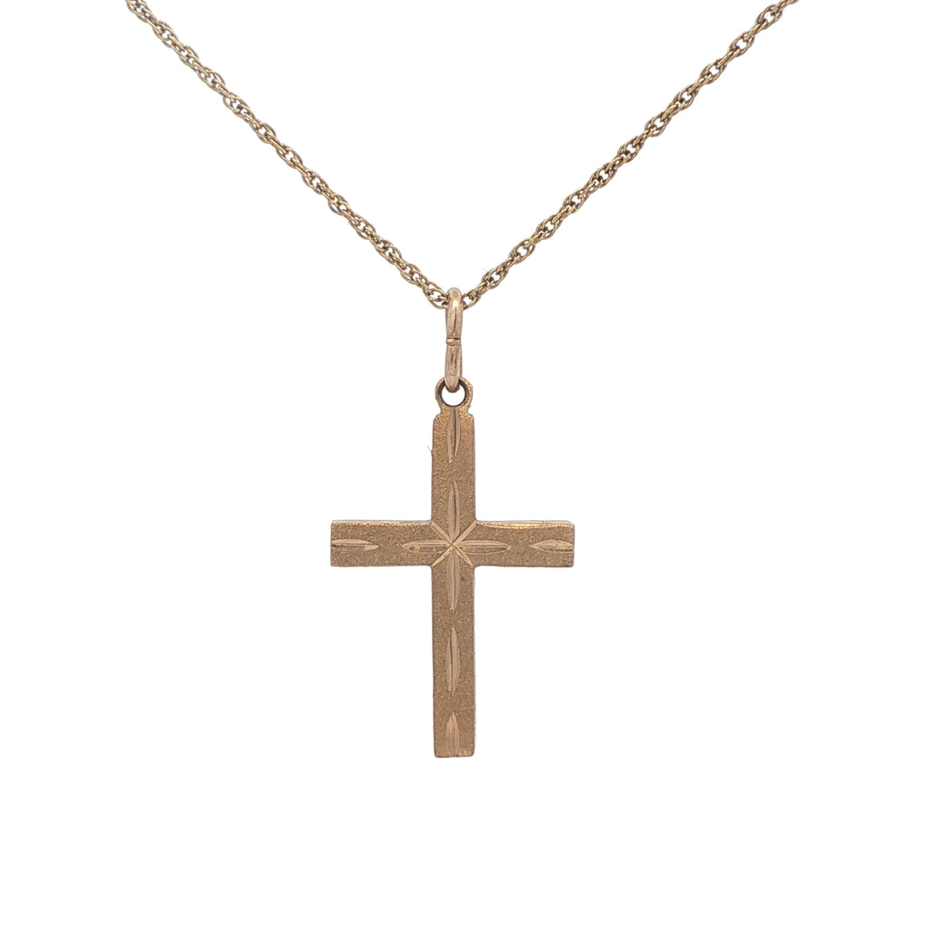 Estate 14K Yellow Gold Cross Pendant – Circa 1990 – Engraved Detail – 27.7mm