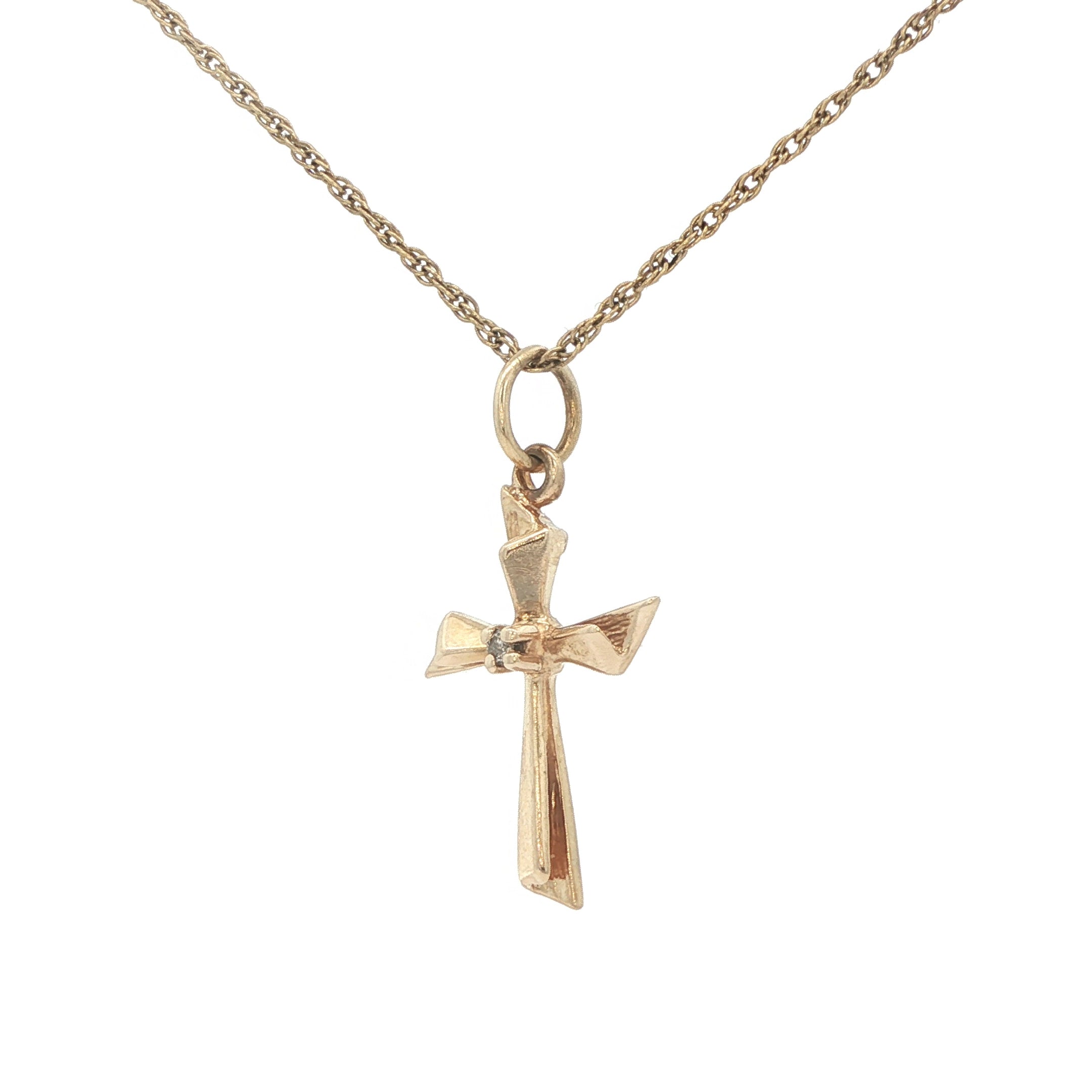 Estate 14K Yellow Gold Diamond Cross Pendant – Circa 1980s – 0.005 CT – 22.3mm