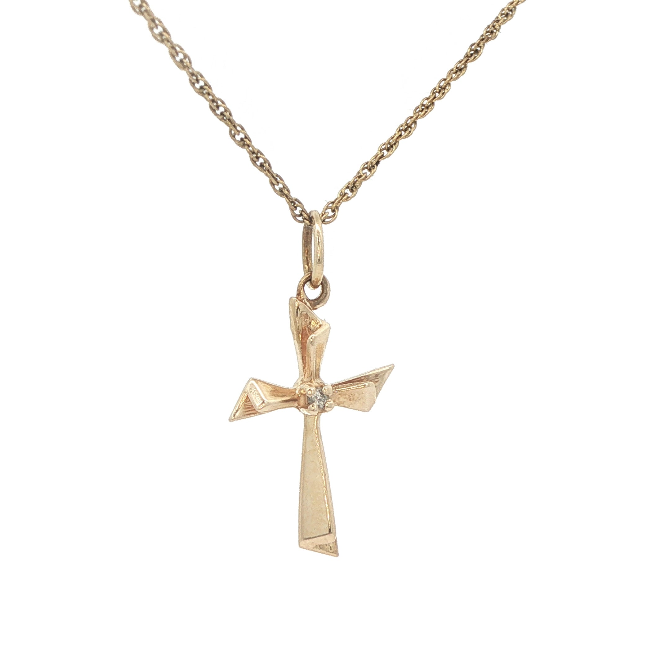 Estate 14K Yellow Gold Diamond Cross Pendant – Circa 1980s – 0.005 CT – 22.3mm