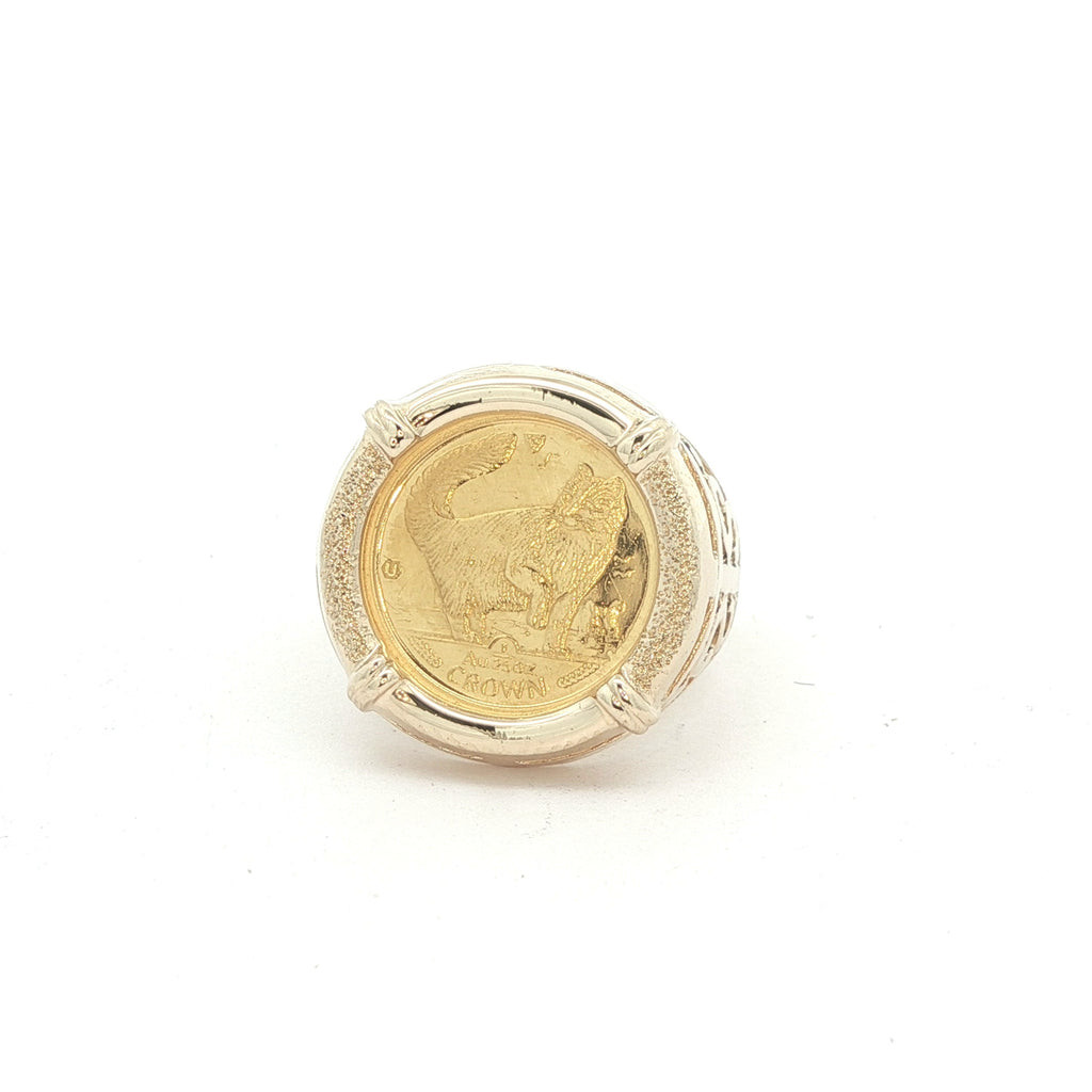 Estate 14K Yellow Gold Isle of Man Manx Cat Coin Ring (1975)