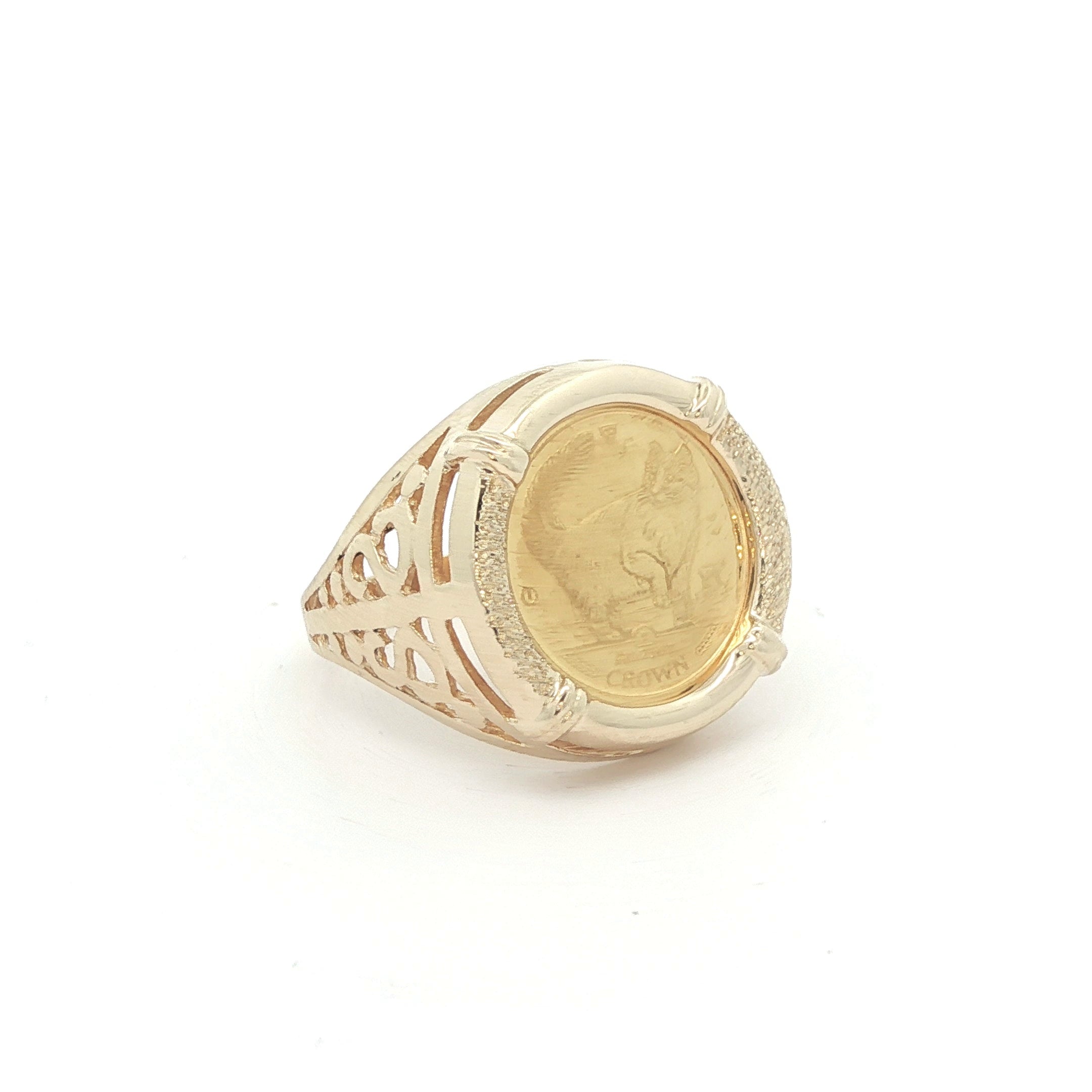 Estate 14K Yellow Gold Isle of Man Manx Cat Coin Ring (1975)