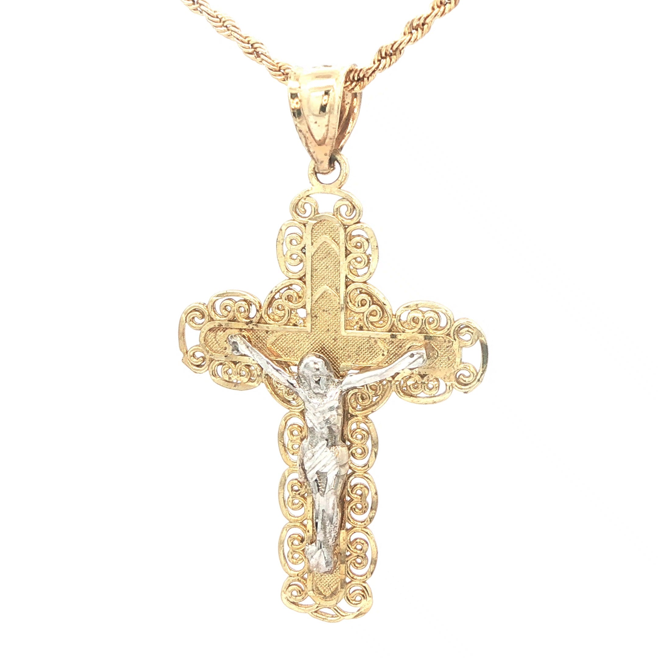 Estate 10K Yellow Gold & White Gold Jesus Crucifix Cross Pendant – Contemporary Era (2000s–Present)
