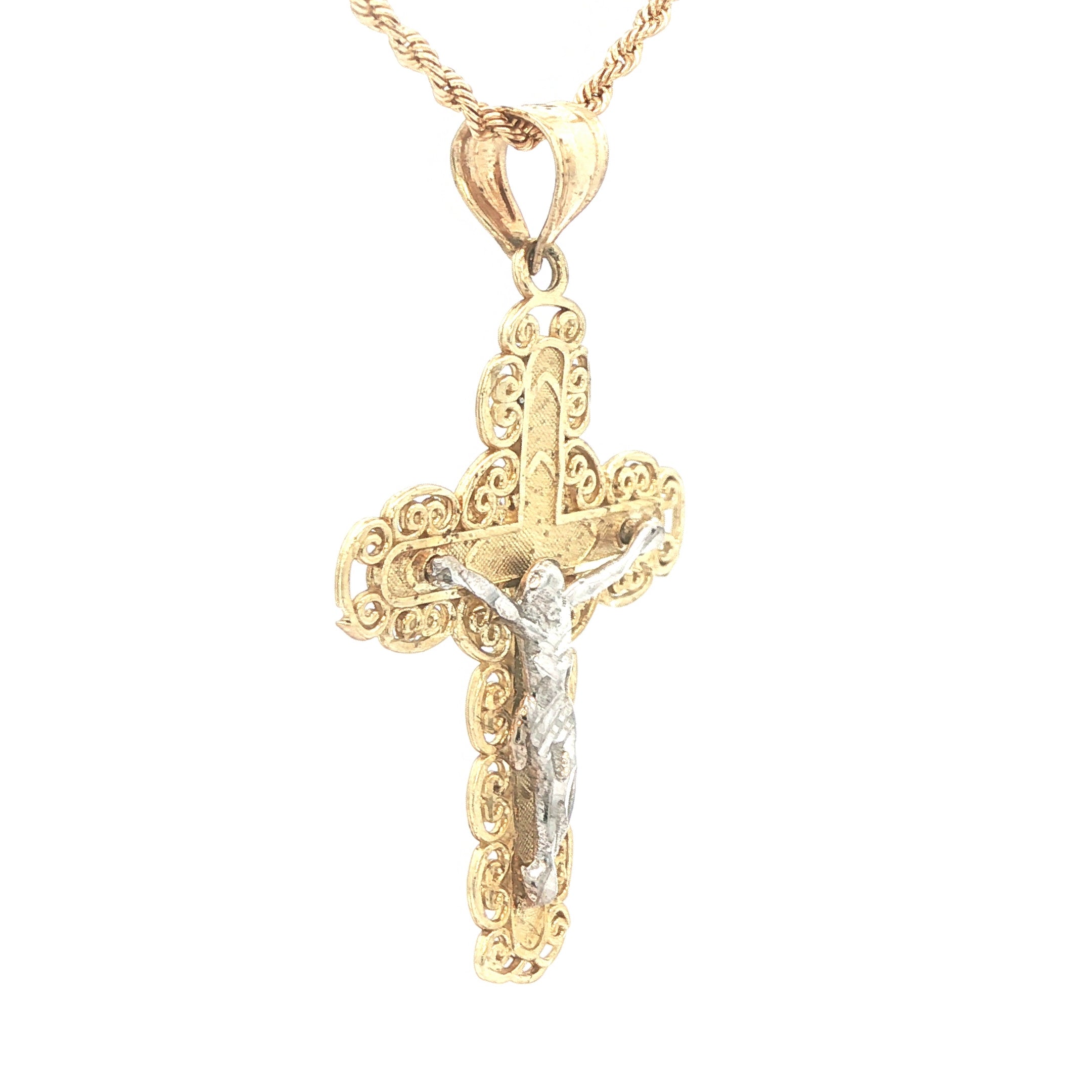 Estate 10K Yellow Gold & White Gold Jesus Crucifix Cross Pendant – Contemporary Era (2000s–Present)