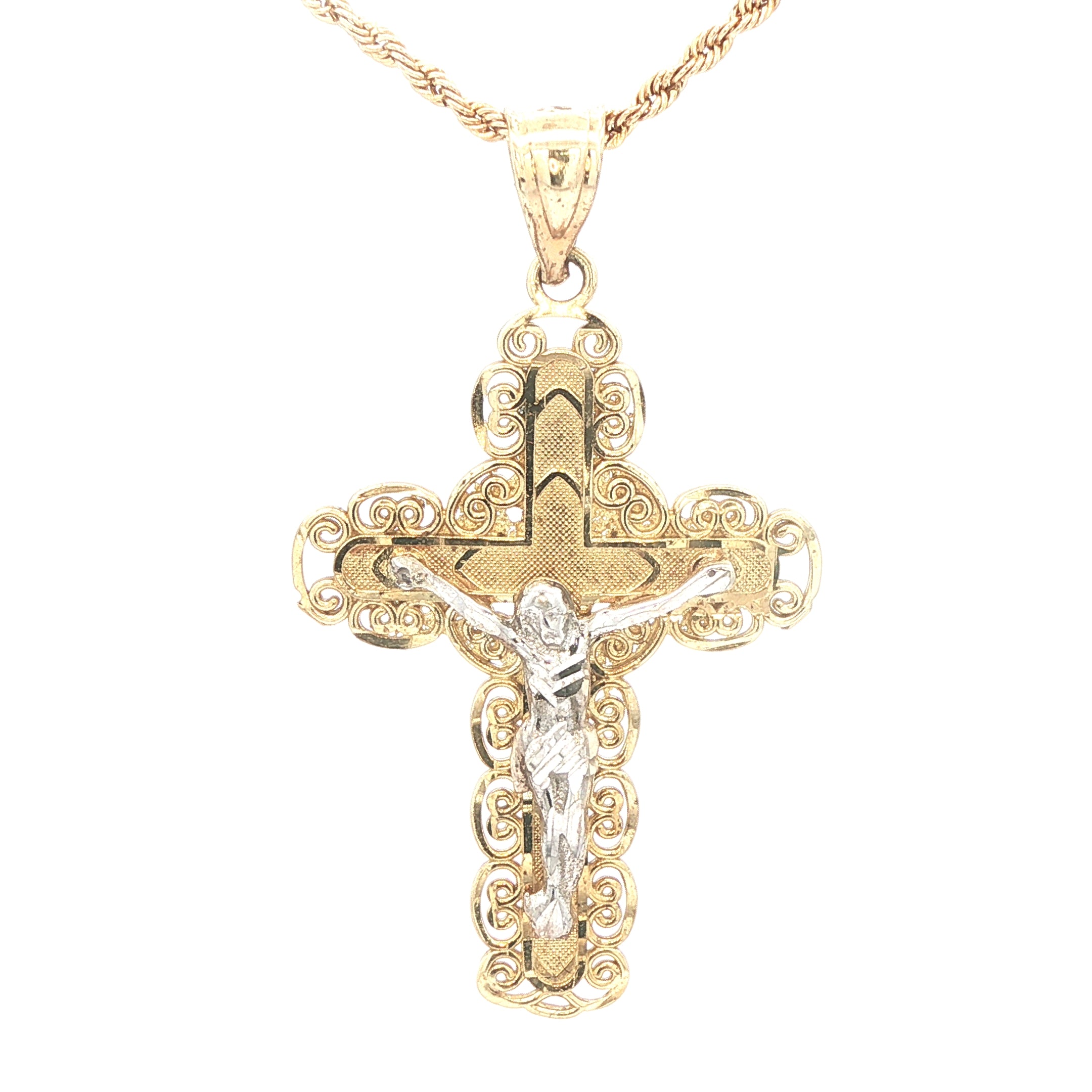 Estate 10K Yellow Gold & White Gold Jesus Crucifix Cross Pendant – Contemporary Era (2000s–Present)