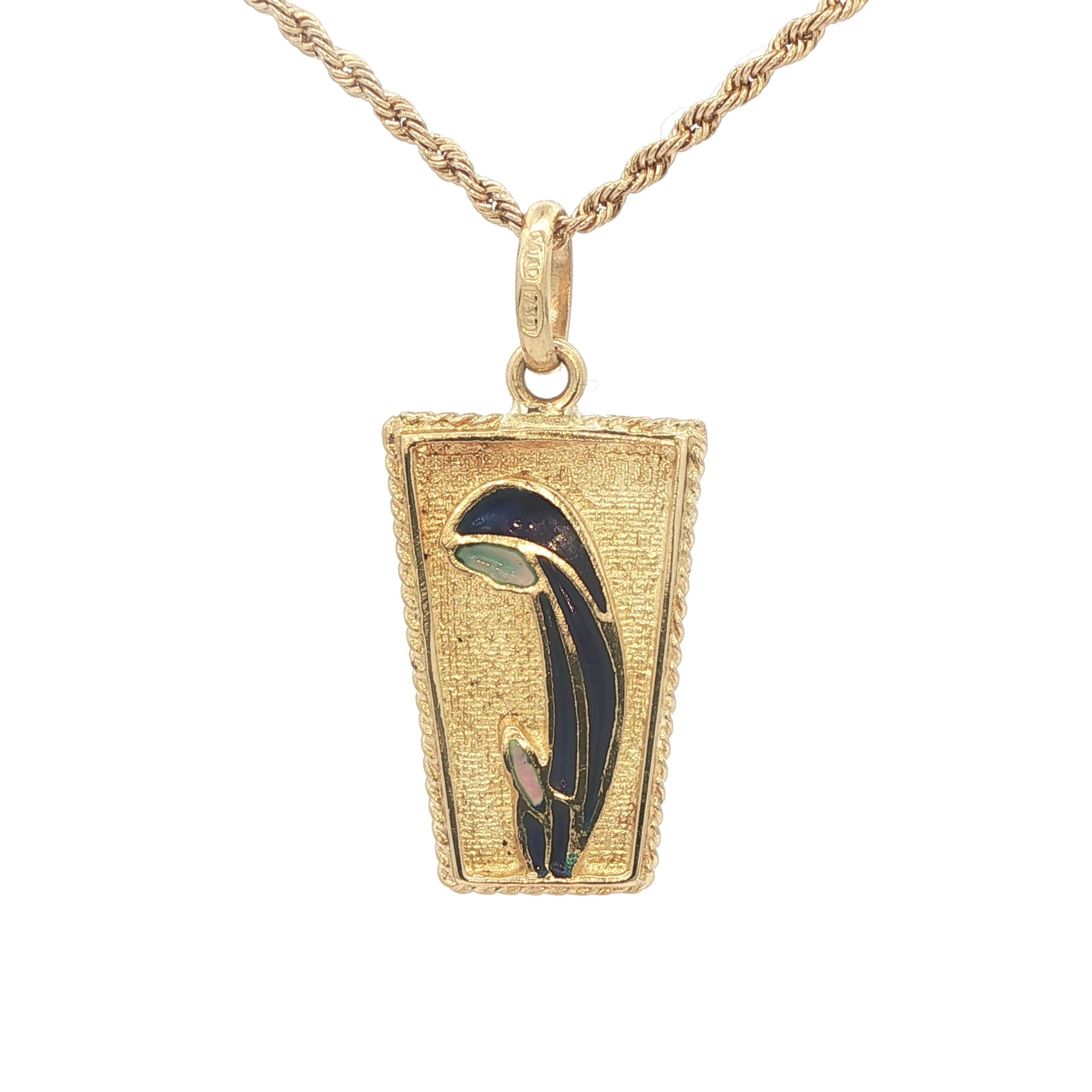 Estate 18K Yellow Gold Blue Enamel Saint Pendant – Vintage 1990s Era