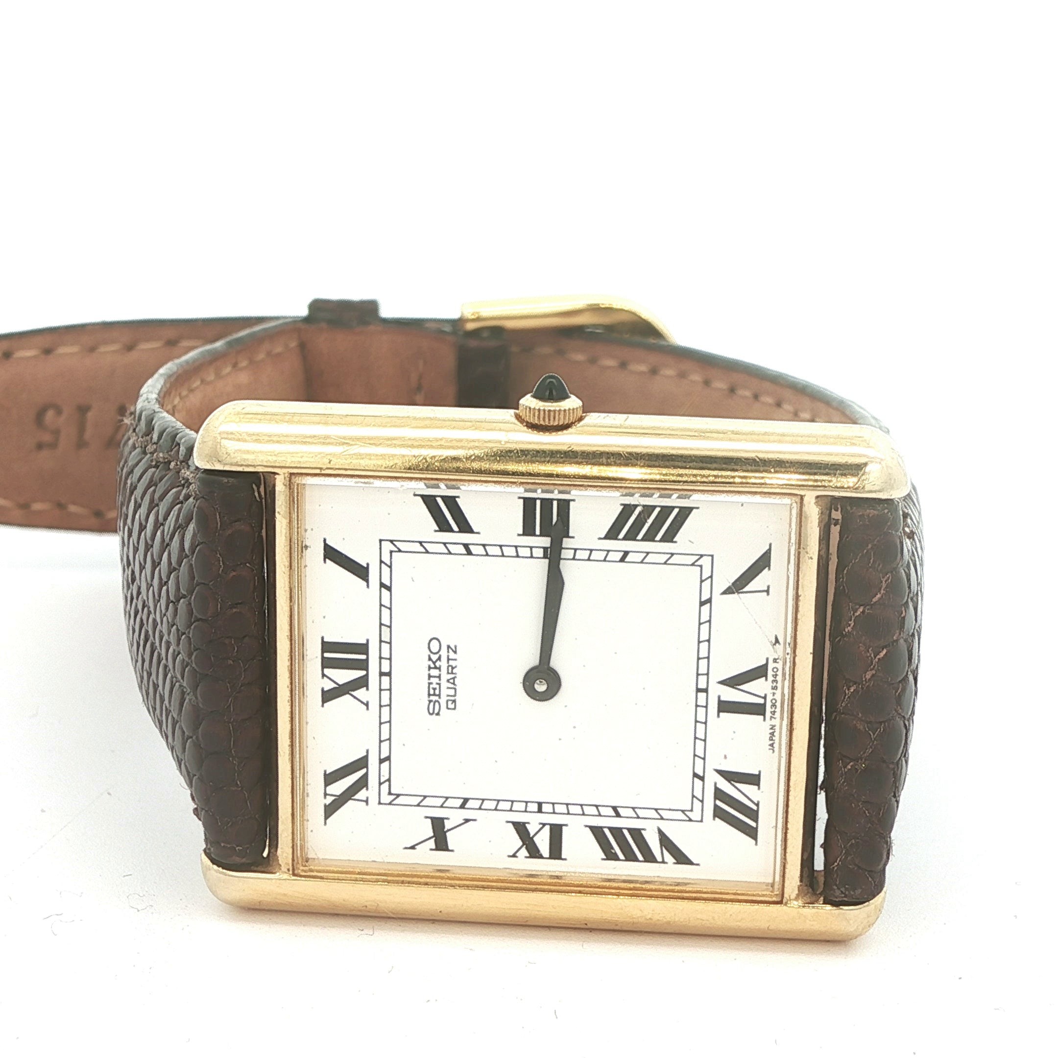 Estate 1990 Seiko Quartz Tank Style Watch Roman Numeral Dial Gold Tone Case