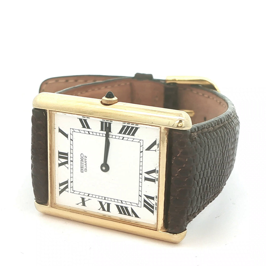 Estate 1990 Seiko Quartz Tank Style Watch Roman Numeral Dial Gold Tone Case