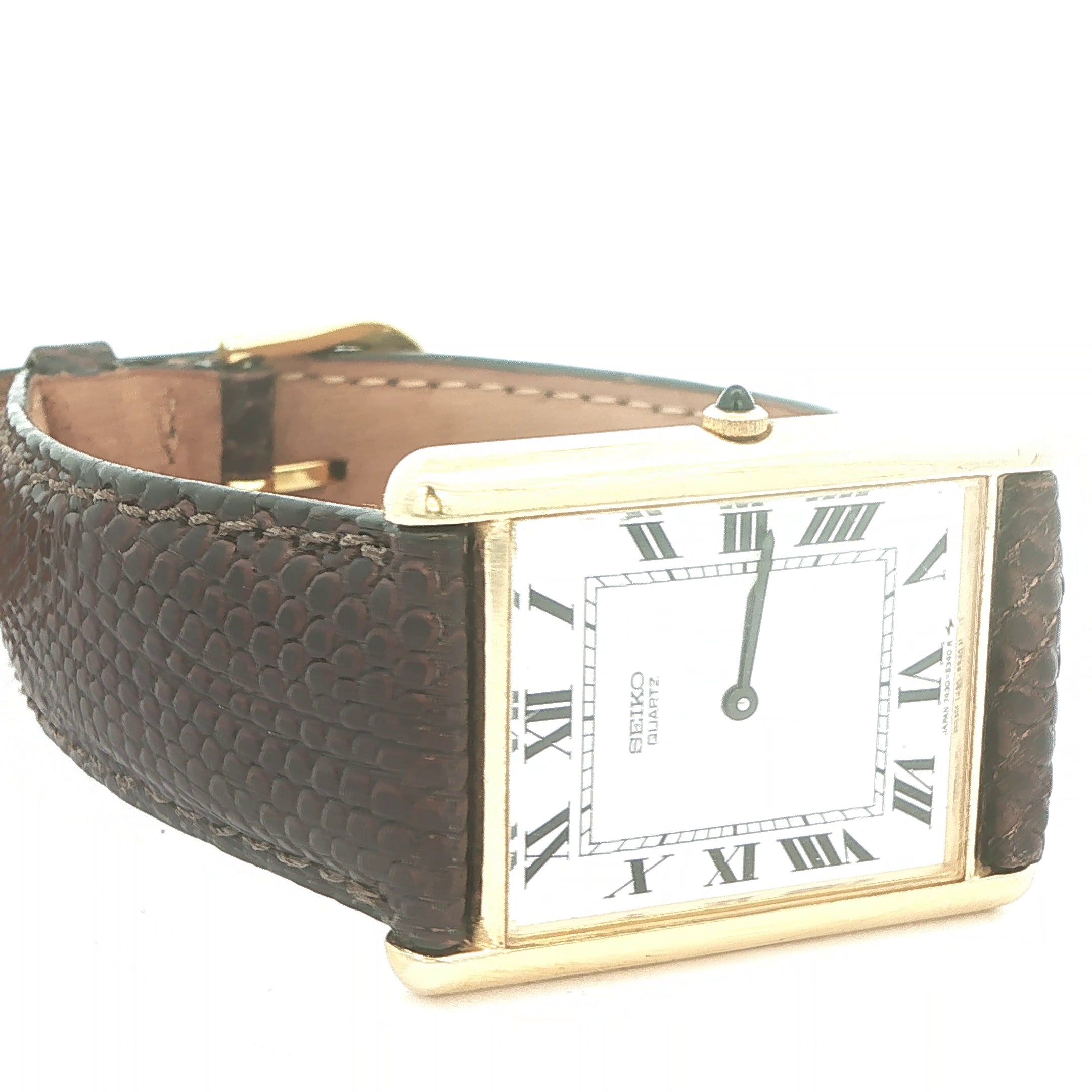 Estate 1990 Seiko Quartz Tank Style Watch Roman Numeral Dial Gold Tone Case