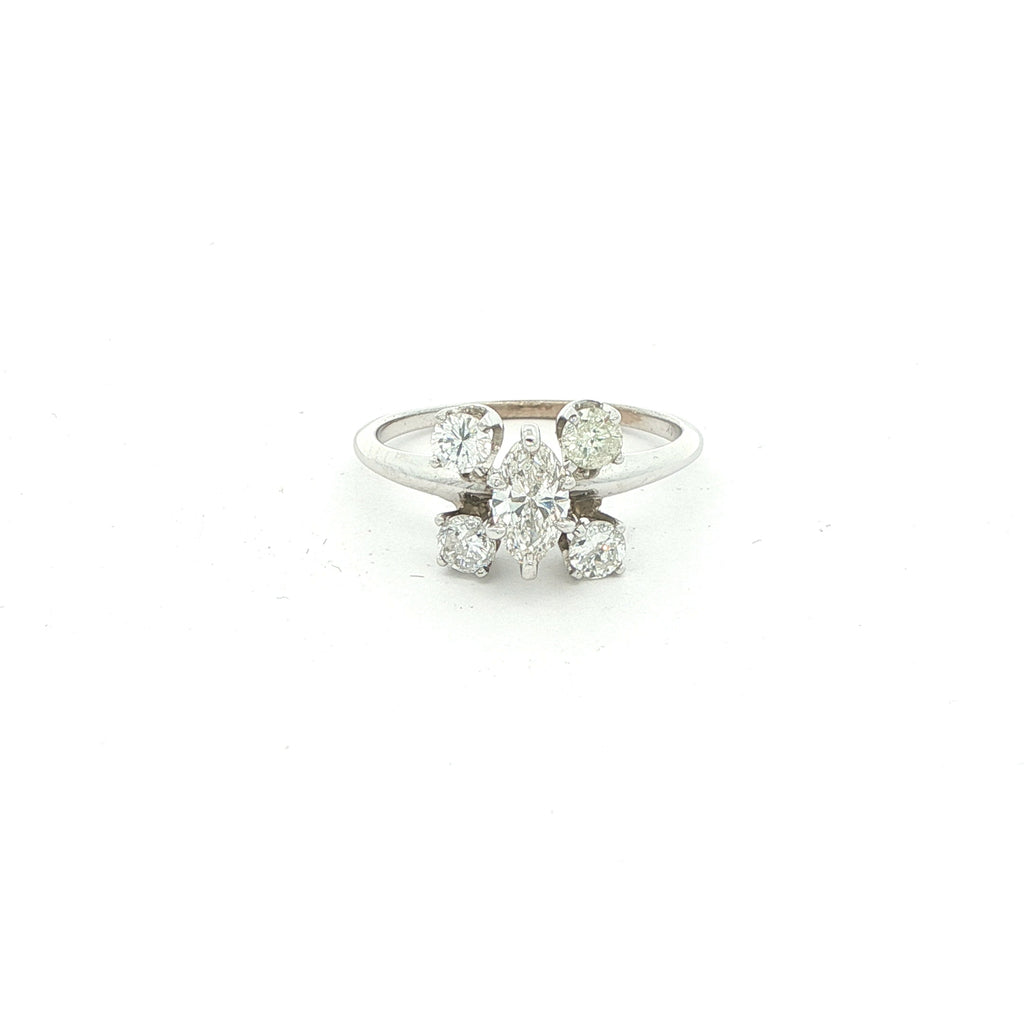 14K White Gold 1.00 CTW Diamond Marquis & Round Cluster Ring – F/G Color – Modern Era – Size 5