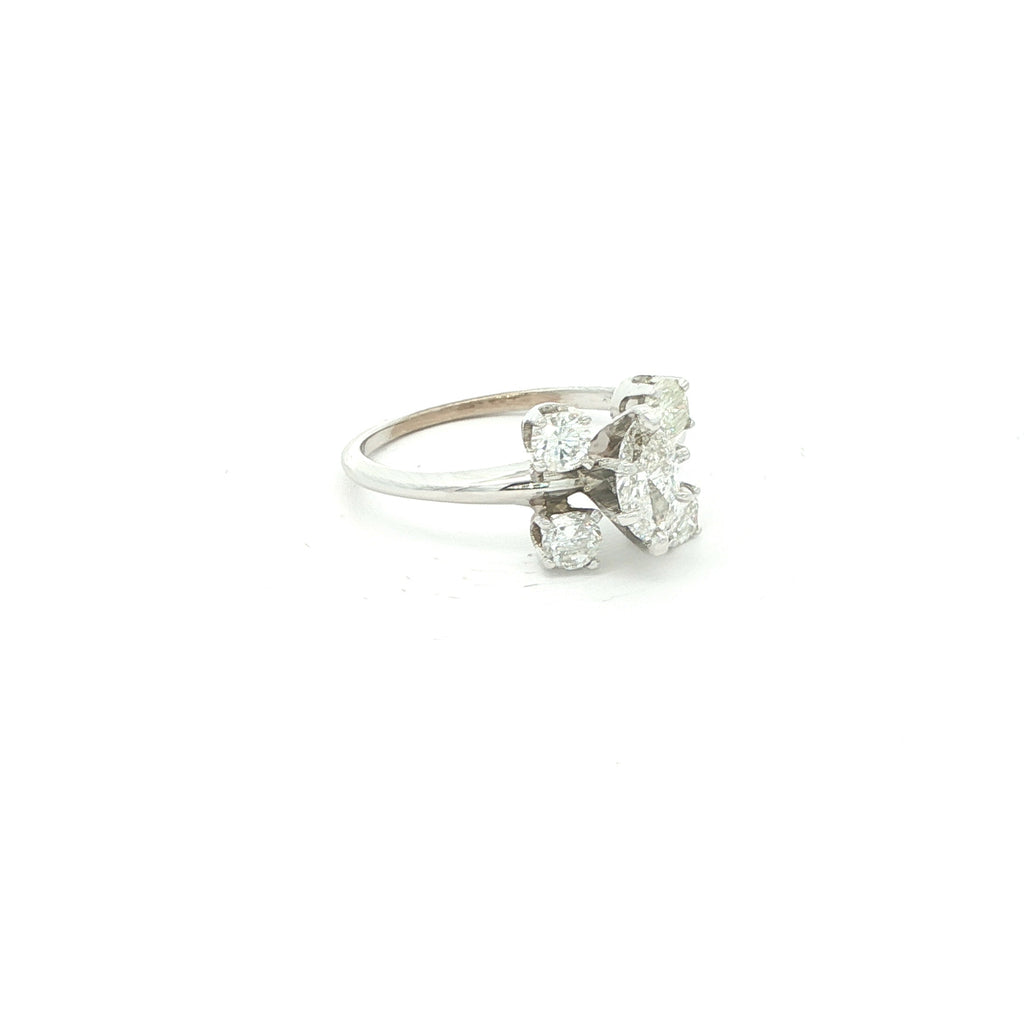 14K White Gold 1.00 CTW Diamond Marquis & Round Cluster Ring – F/G Color – Modern Era – Size 5