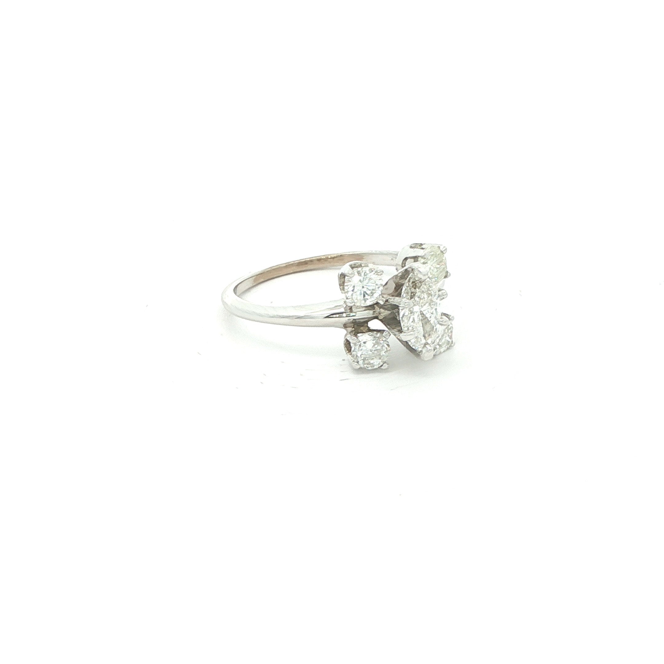 14K White Gold 1.00 CTW Diamond Marquis & Round Cluster Ring – F/G Color – Modern Era – Size 5