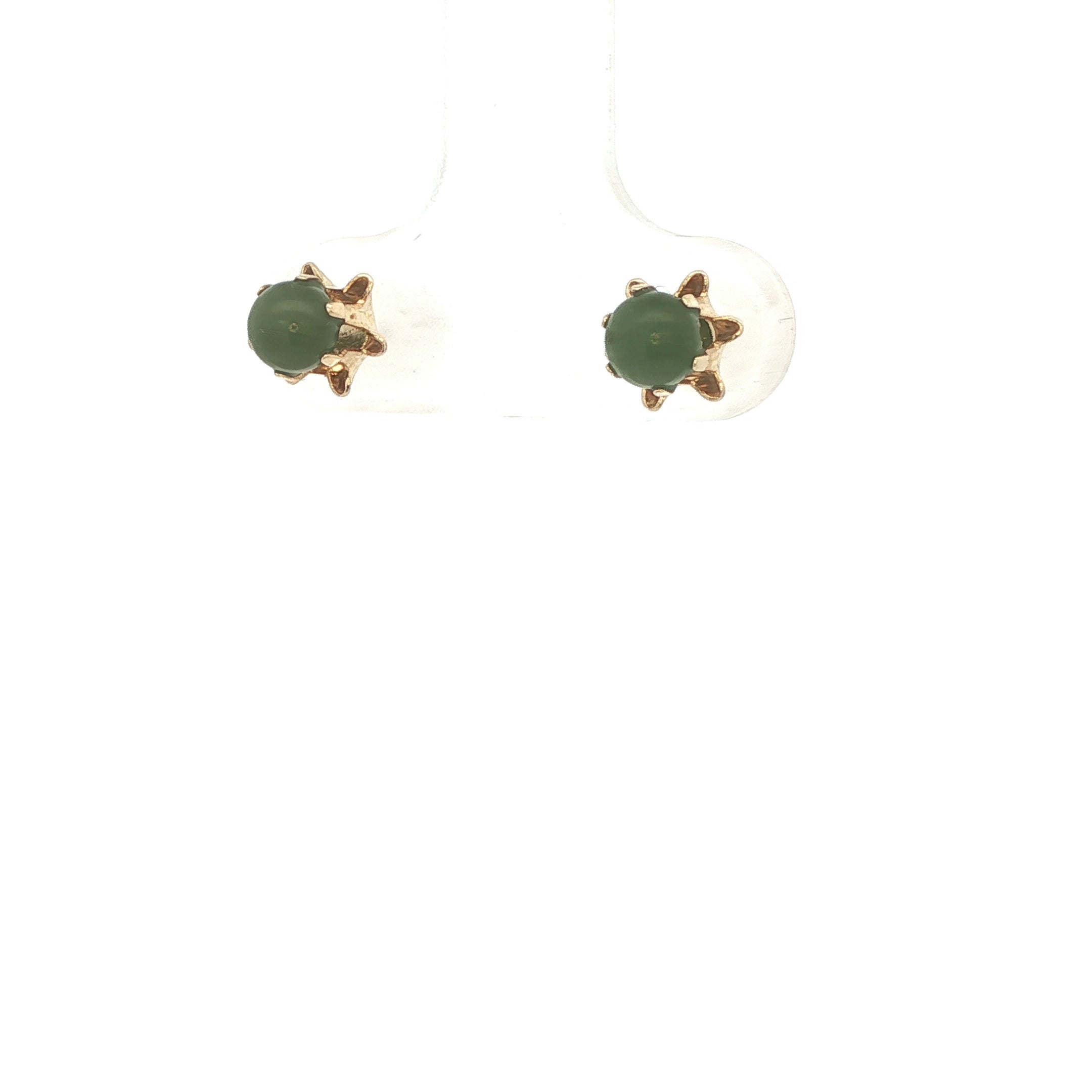 14K Yellow Gold Jade Stud Earrings – Modern Era – Round Cabochon