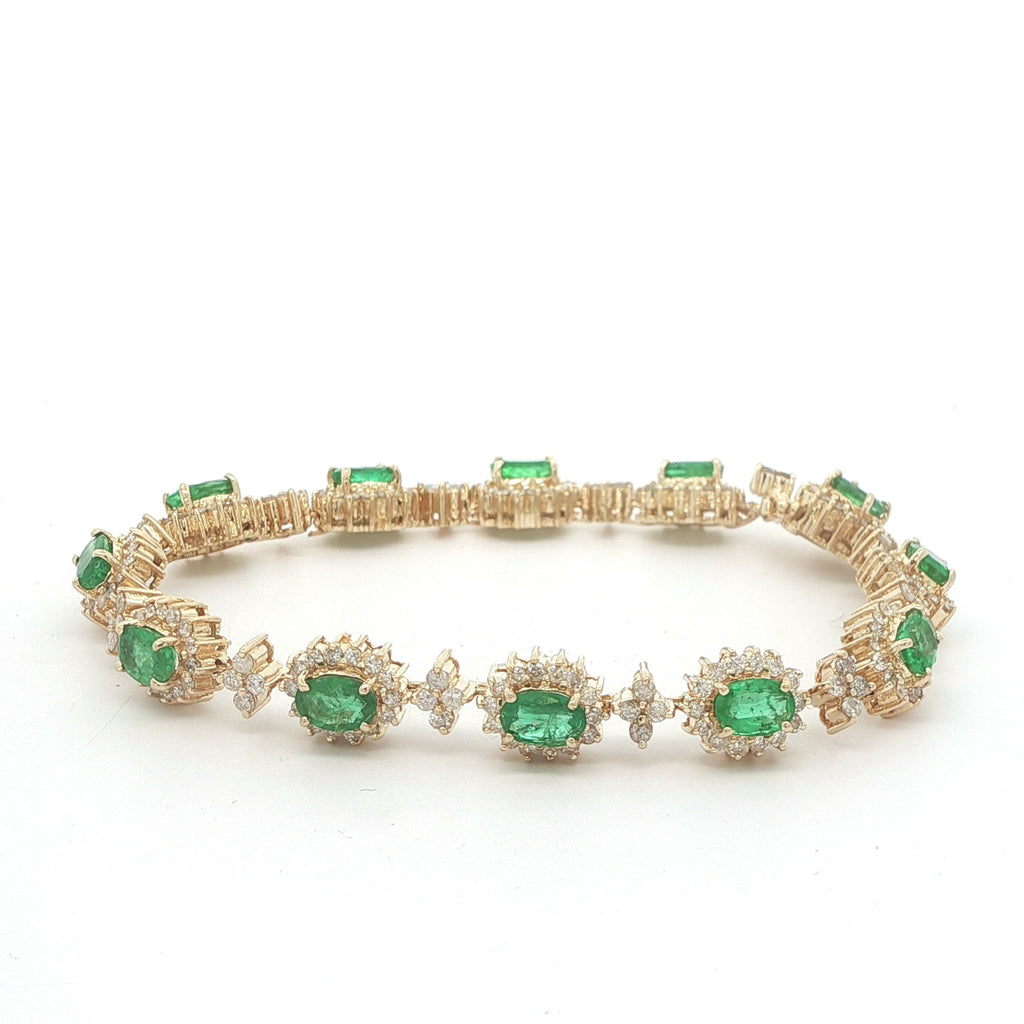Estate 1990s 14K Yellow Gold Emerald & Diamond Link Bracelet 10.70 CTW