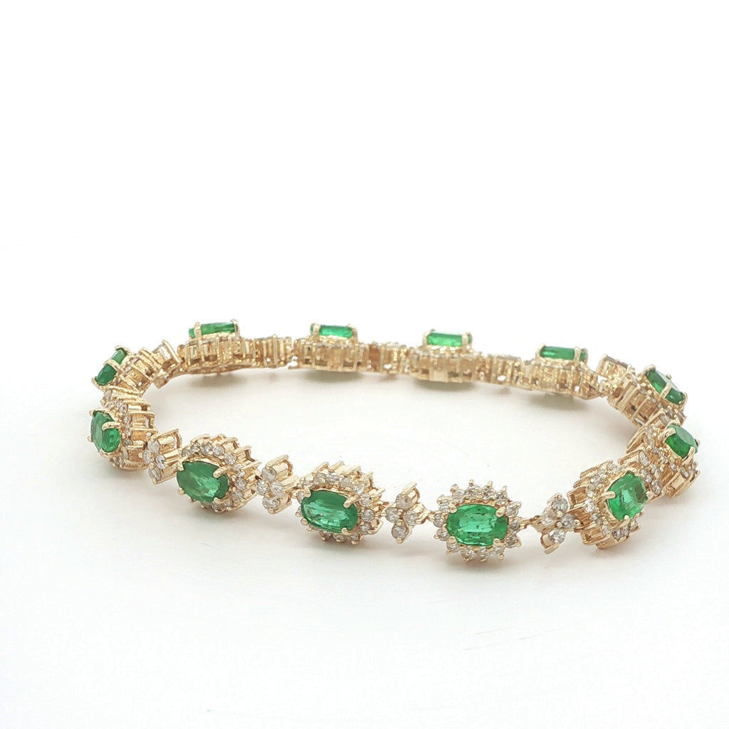 Estate 1990s 14K Yellow Gold Emerald & Diamond Link Bracelet 10.70 CTW