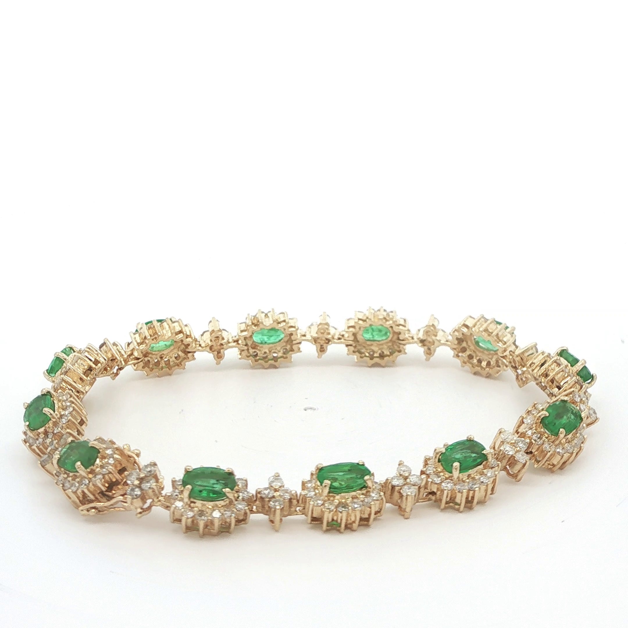 Estate 1990s 14K Yellow Gold Emerald & Diamond Link Bracelet 10.70 CTW