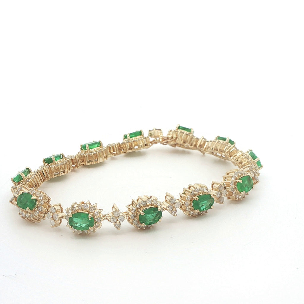 Estate 1990s 14K Yellow Gold Emerald & Diamond Link Bracelet 10.70 CTW