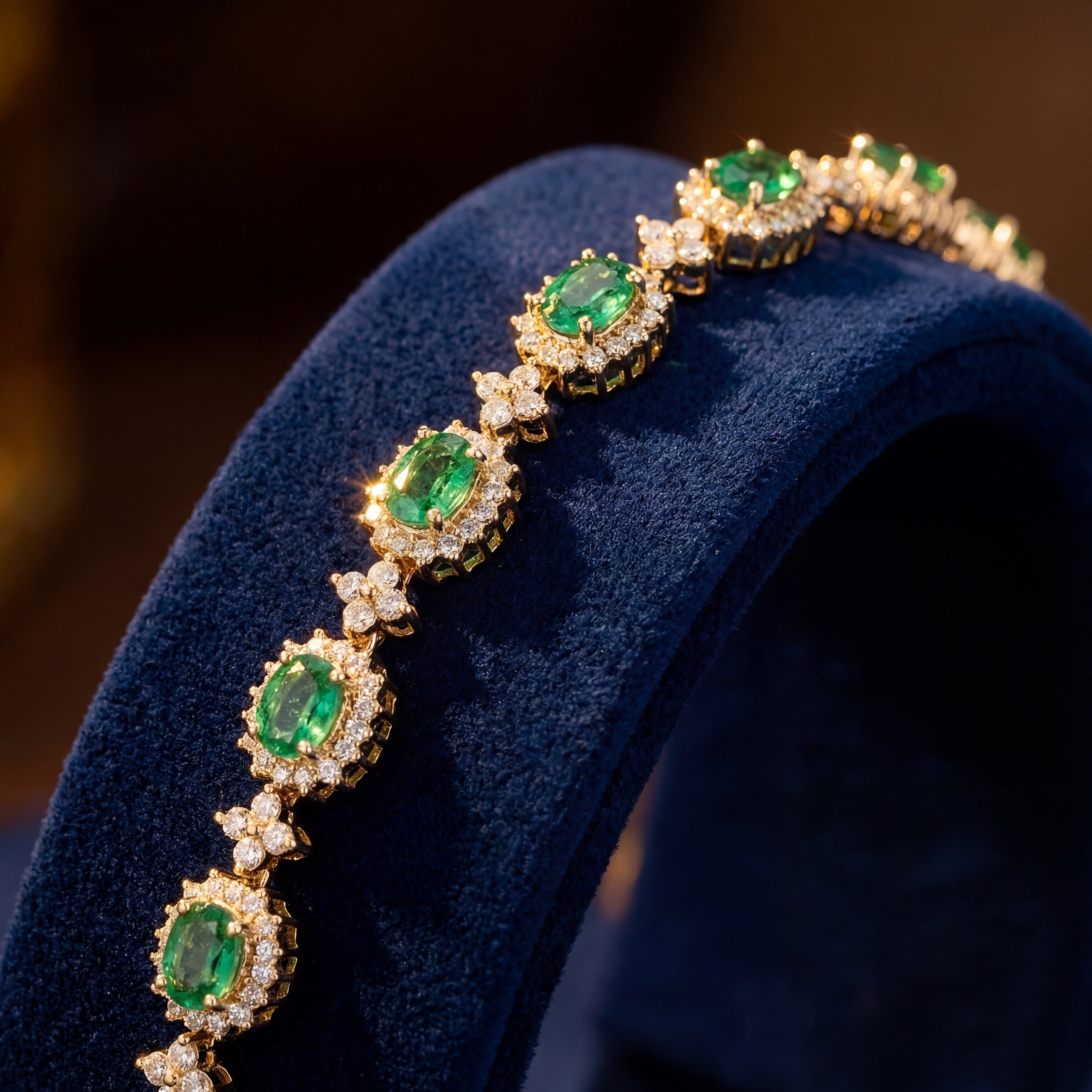 Estate 1990s 14K Yellow Gold Emerald & Diamond Link Bracelet 10.70 CTW