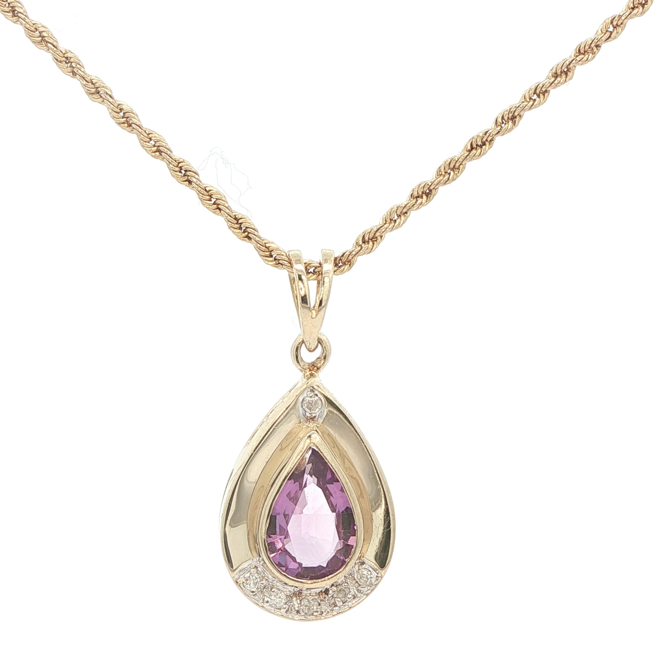 Estate 1990s 14K Yellow Gold Pear AAA Amethyst Pendant Lavender Color with Diamond Accents – Approx. 2.00 Carat
