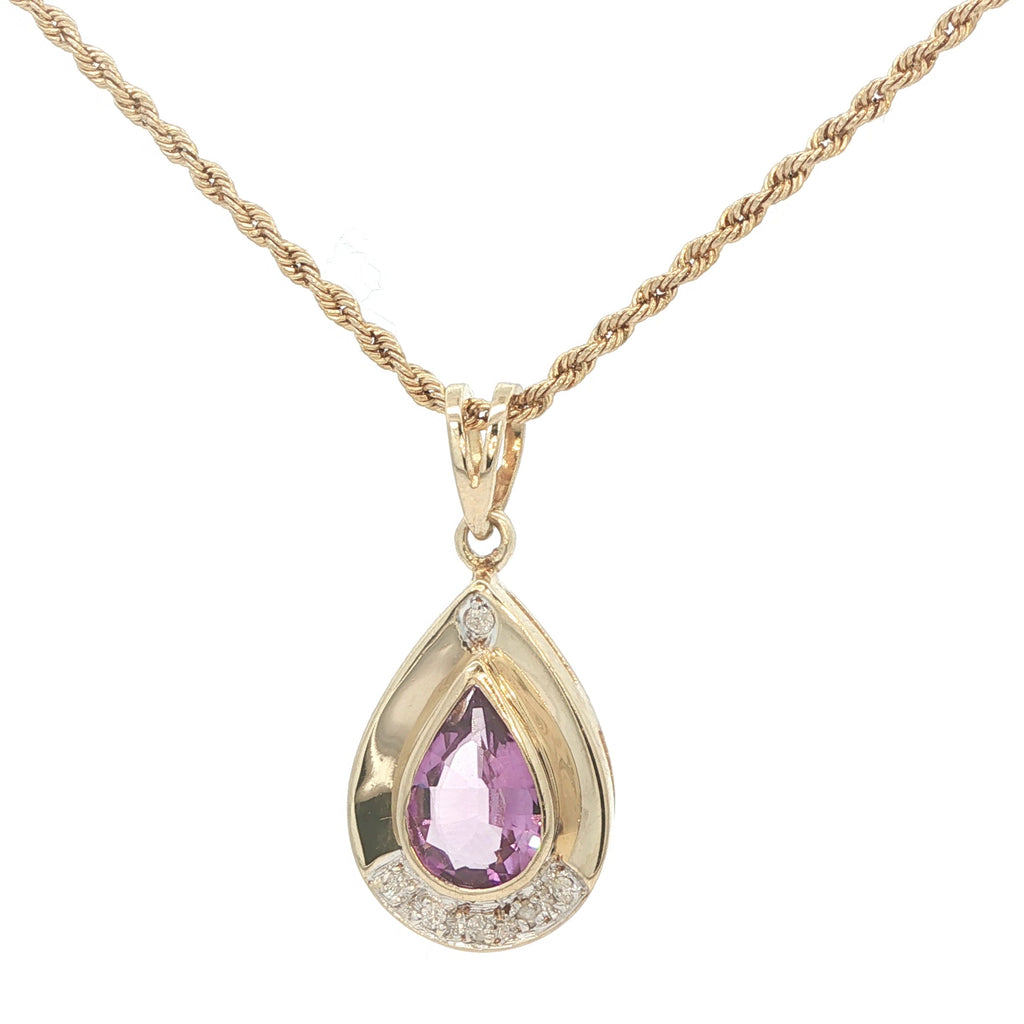 Estate 1990s 14K Yellow Gold Pear AAA Amethyst Pendant Lavender Color with Diamond Accents – Approx. 2.00 Carat