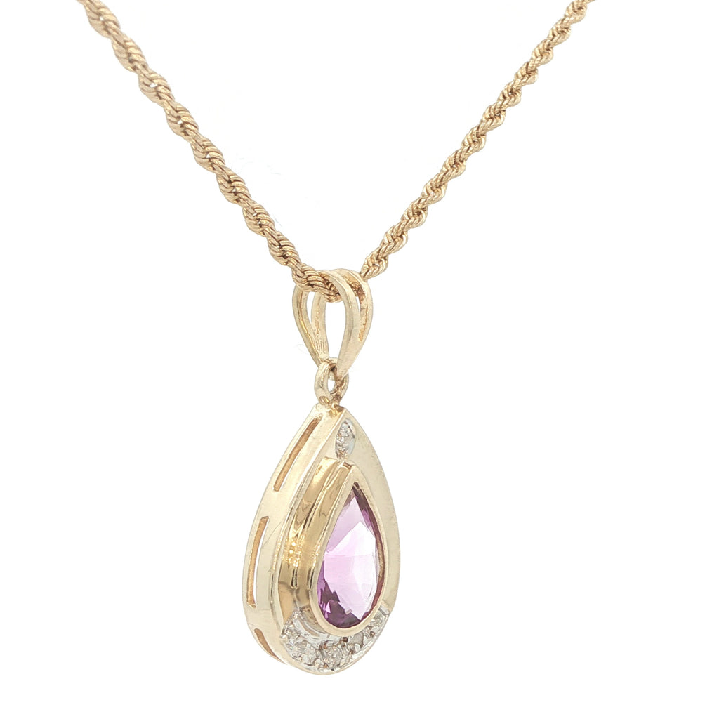 Estate 1990s 14K Yellow Gold Pear AAA Amethyst Pendant Lavender Color with Diamond Accents – Approx. 2.00 Carat