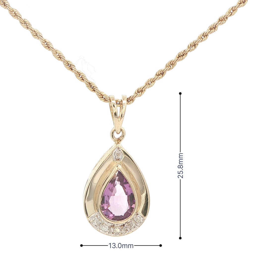 Estate 1990s 14K Yellow Gold Pear AAA Amethyst Pendant Lavender Color with Diamond Accents – Approx. 2.00 Carat