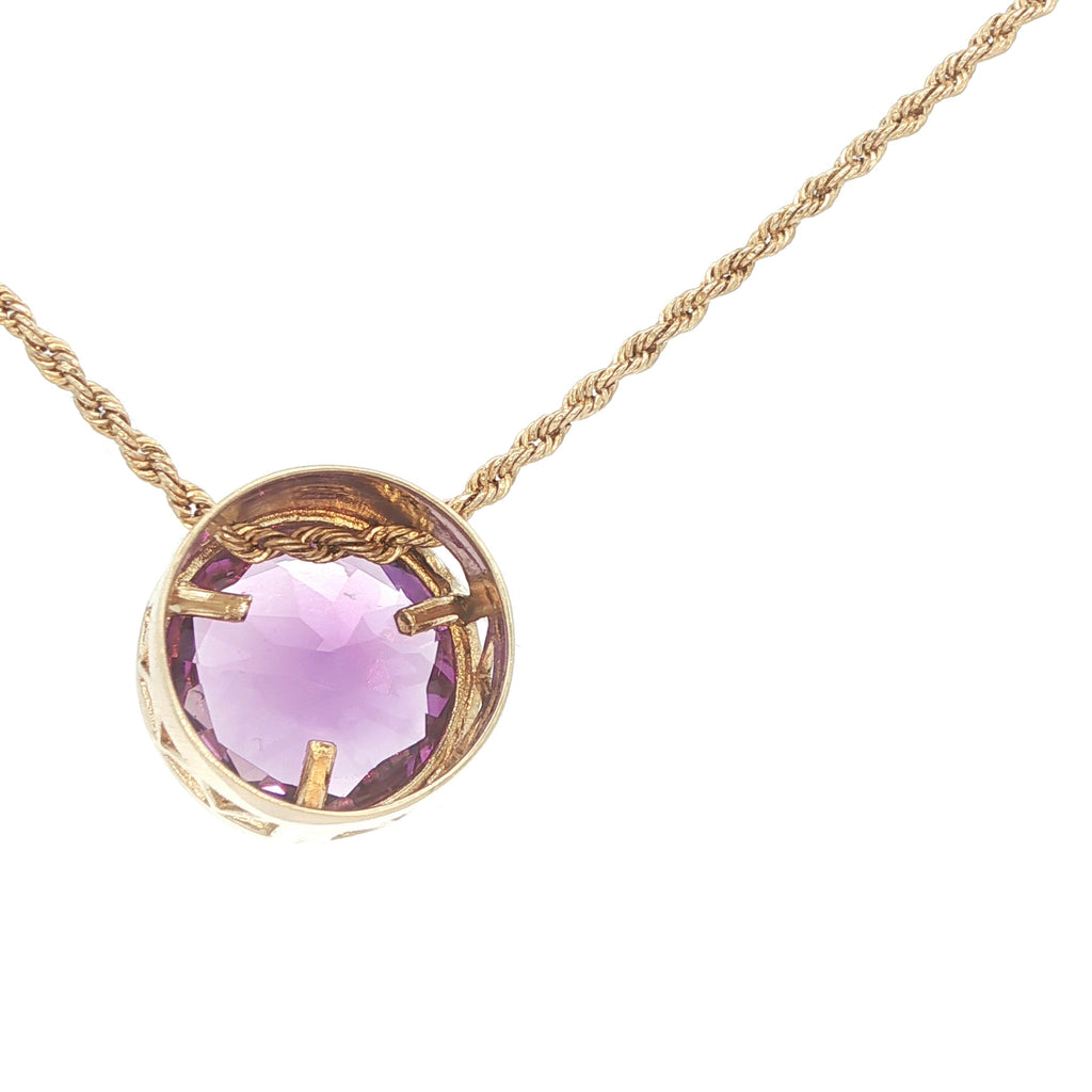 Estate 1990s 14K Yellow Gold Round AAA Amethyst Pendant Raspberry Color – Approx. 3.30 Carats