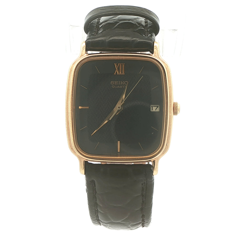1986 Estate Seiko Quartz Gold Tone Rectangular Watch Black Dial Date 29mm x 34mm