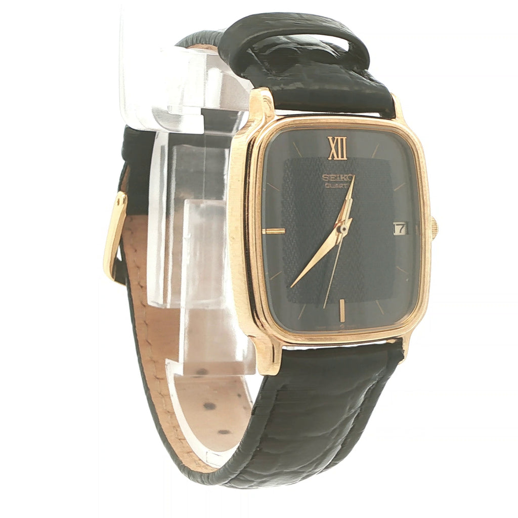 1986 Estate Seiko Quartz Gold Tone Rectangular Watch Black Dial Date 29mm x 34mm