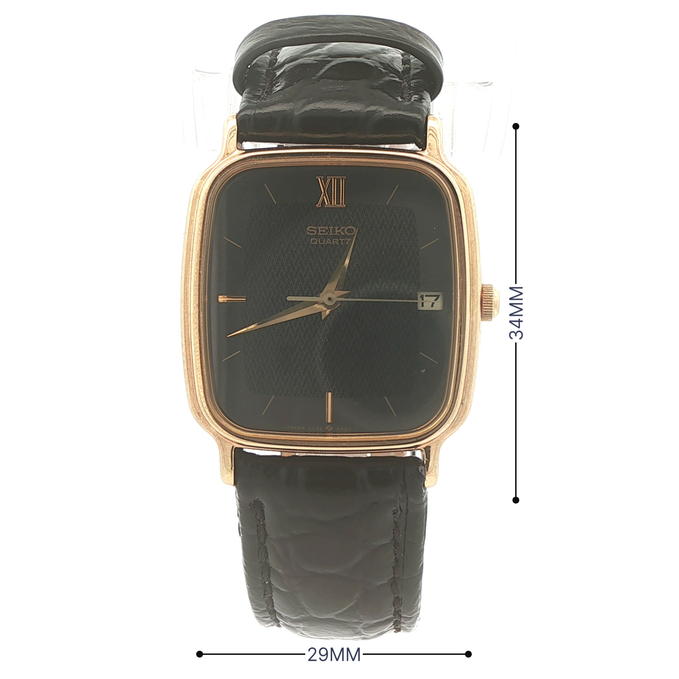 1986 Estate Seiko Quartz Gold Tone Rectangular Watch Black Dial Date 29mm x 34mm