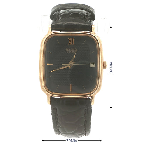 1986 Estate Seiko Quartz Gold Tone Rectangular Watch Black Dial Date 29mm x 34mm