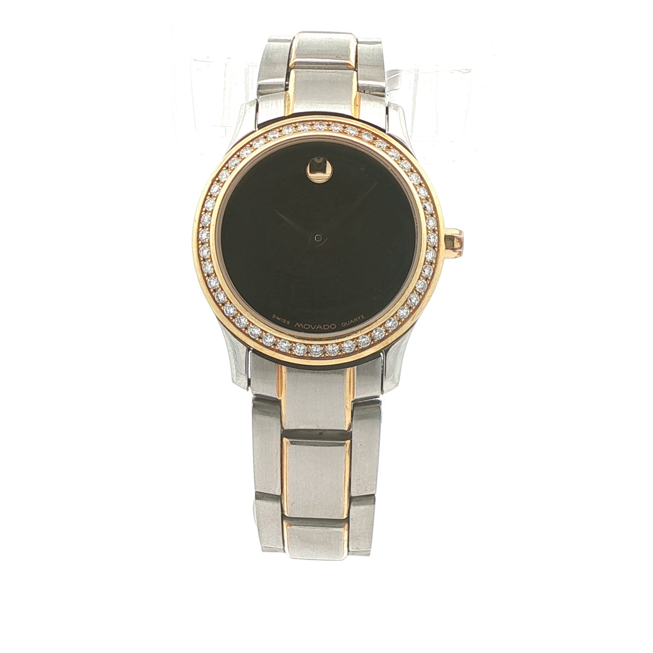 Estate Movado 85-G4-825 Quartz Diamond Bezel Two-Tone Black Dial Watch Circa 2000s