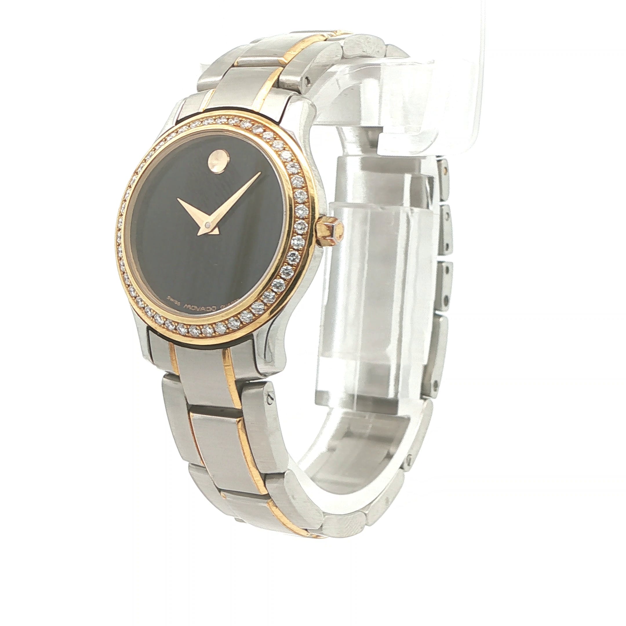 Estate Movado 85-G4-825 Quartz Diamond Bezel Two-Tone Black Dial Watch Circa 2000s