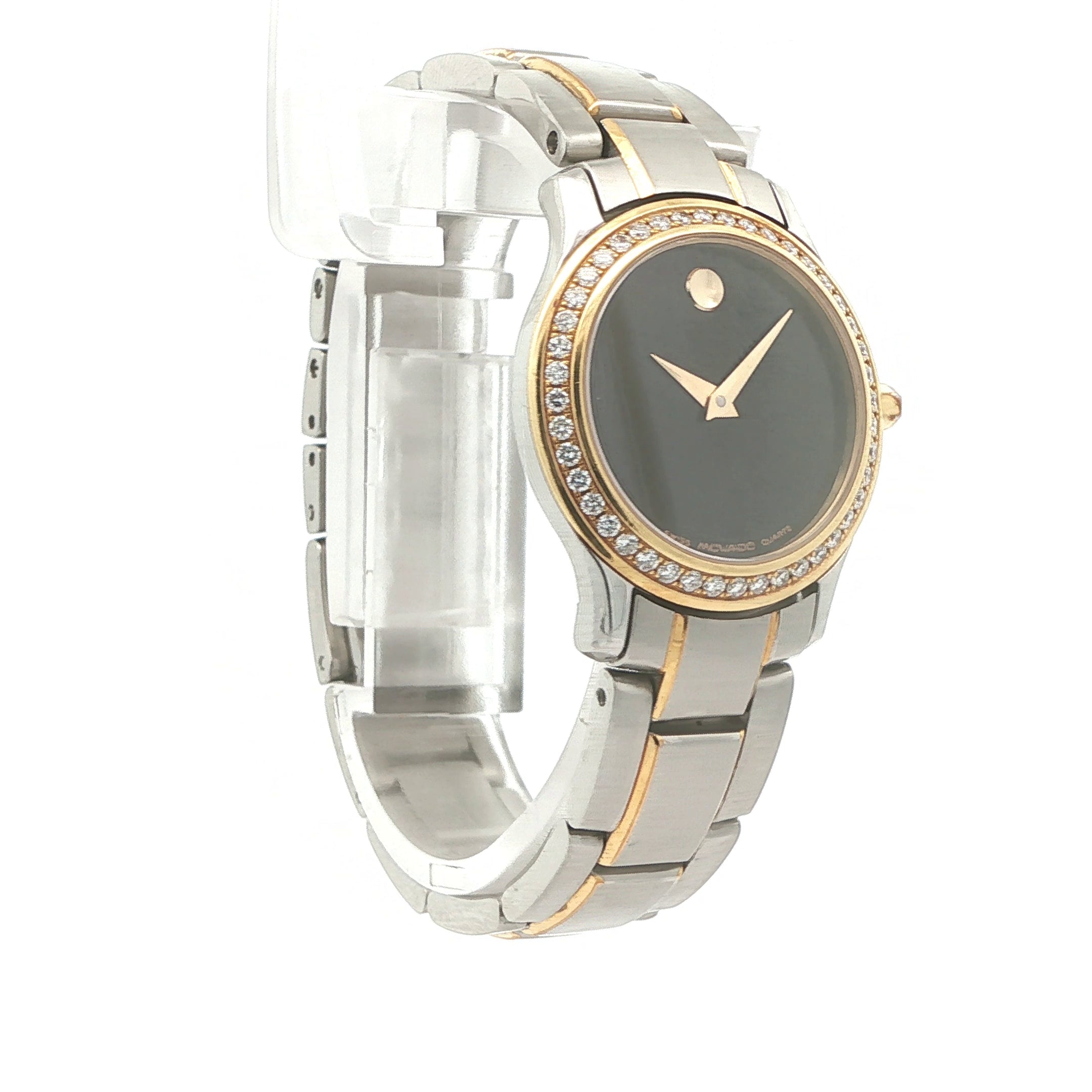 Estate Movado 85-G4-825 Quartz Diamond Bezel Two-Tone Black Dial Watch Circa 2000s