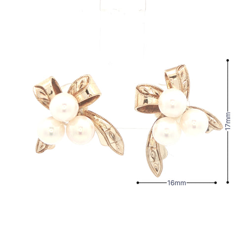 Estate Vintage 14K Yellow Gold Natural Cream-White Pearl Leaf Cluster Earrings Circa 1950s–1960s