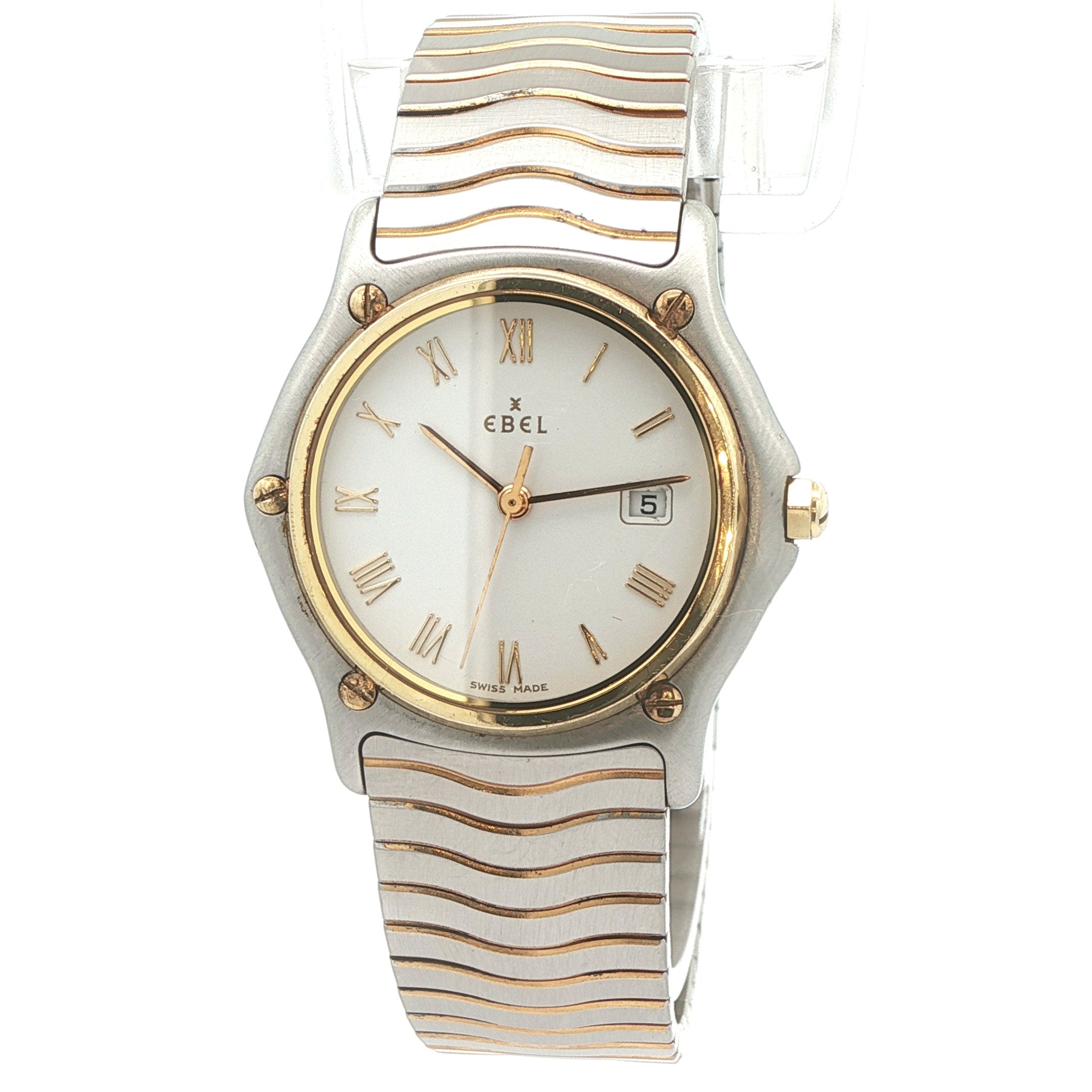 Estate Vintage Ebel Two-Tone Quartz Watch with 18K Gold Bezel White Roman Dial Date