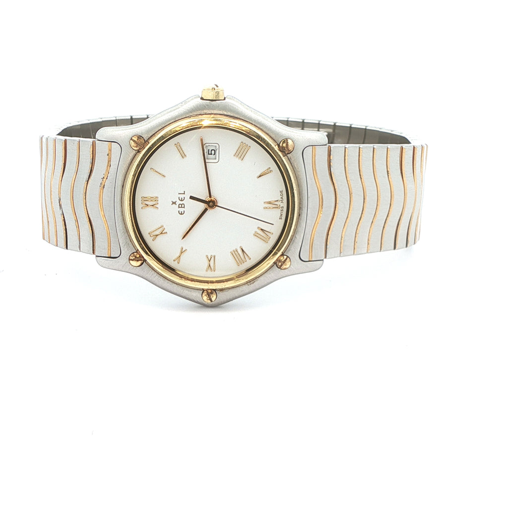 Estate Vintage Ebel Two-Tone Quartz Watch with 18K Gold Bezel White Roman Dial Date