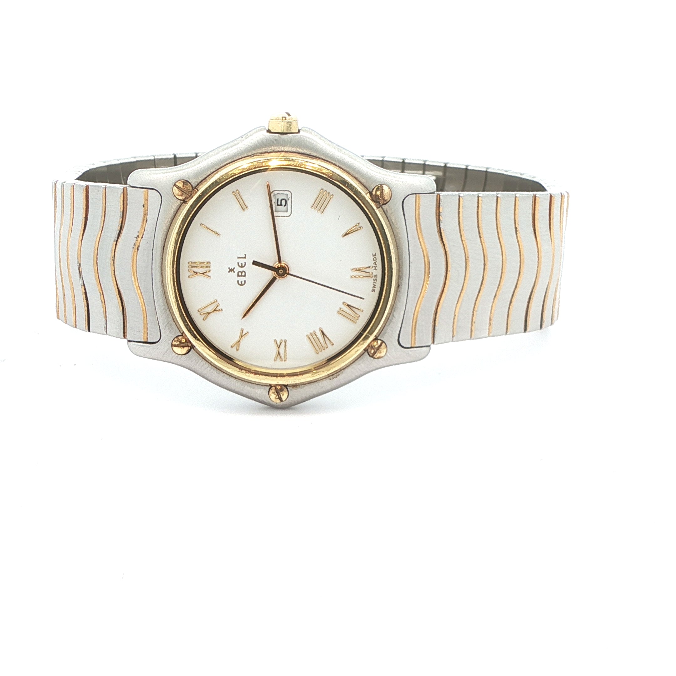 Estate Vintage Ebel Two-Tone Quartz Watch with 18K Gold Bezel White Roman Dial Date