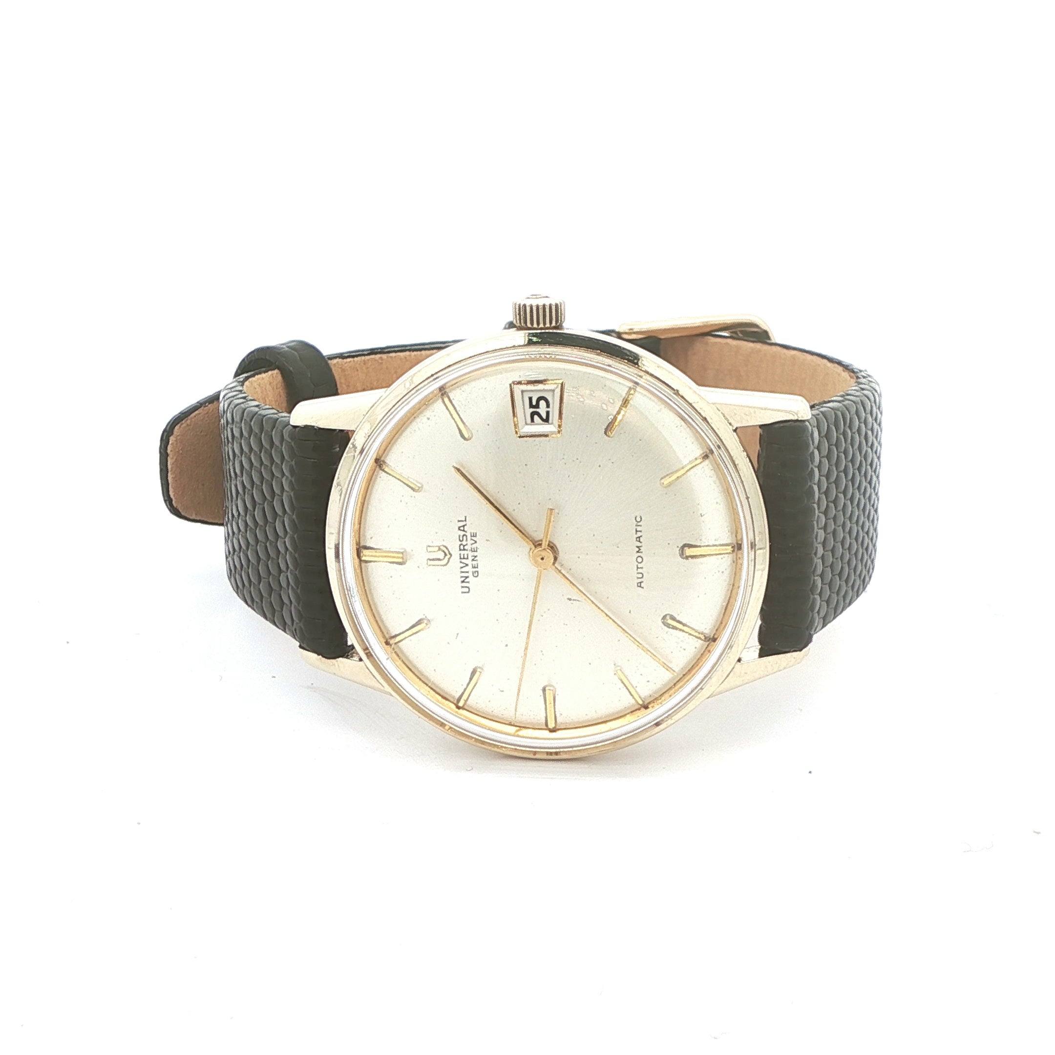 Estate Vintage Universal Genève Automatic Date 14K Gold Filled White Dial Dress Watch Circa 1960s–1970s